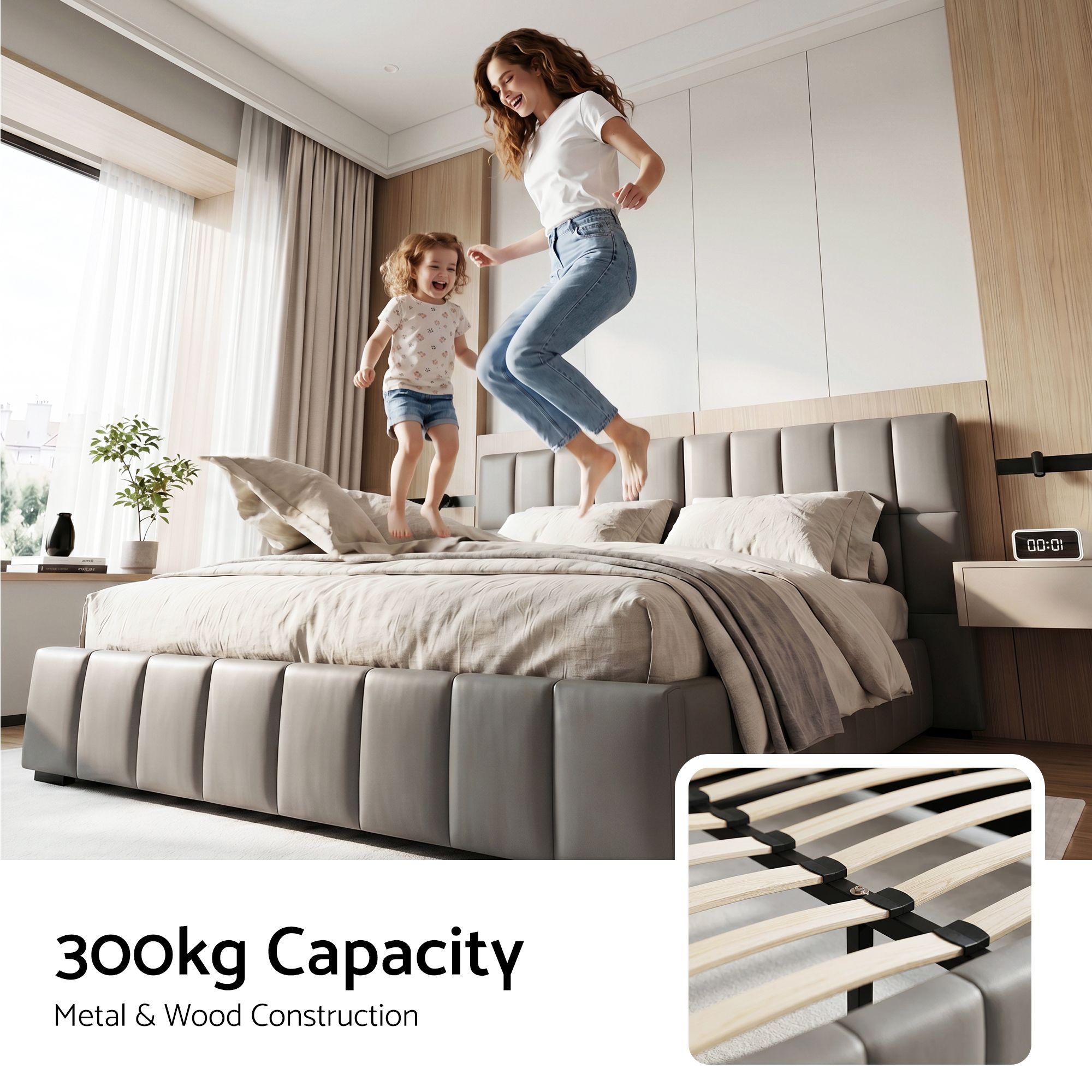 Queen Size Upholstered Gas Lift Bed Frame with Foldable Bench and Storage - PVC Leather
