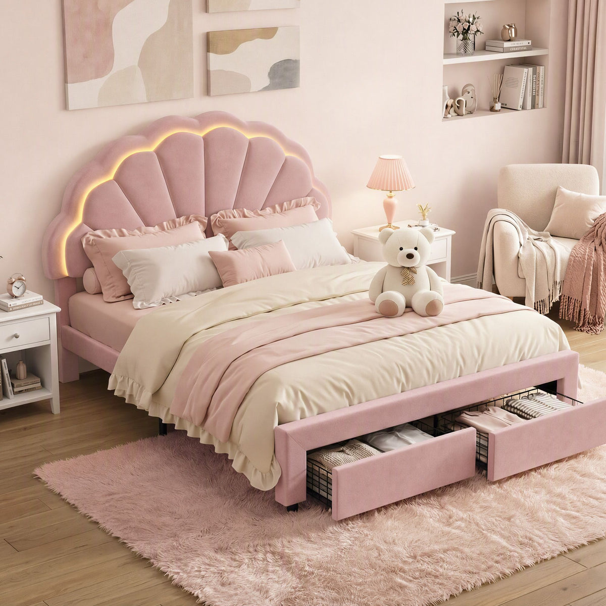 Double Velvet Upholstered Platform Bed Frame with 2 Storage Drawers and LED Headboard - Pink