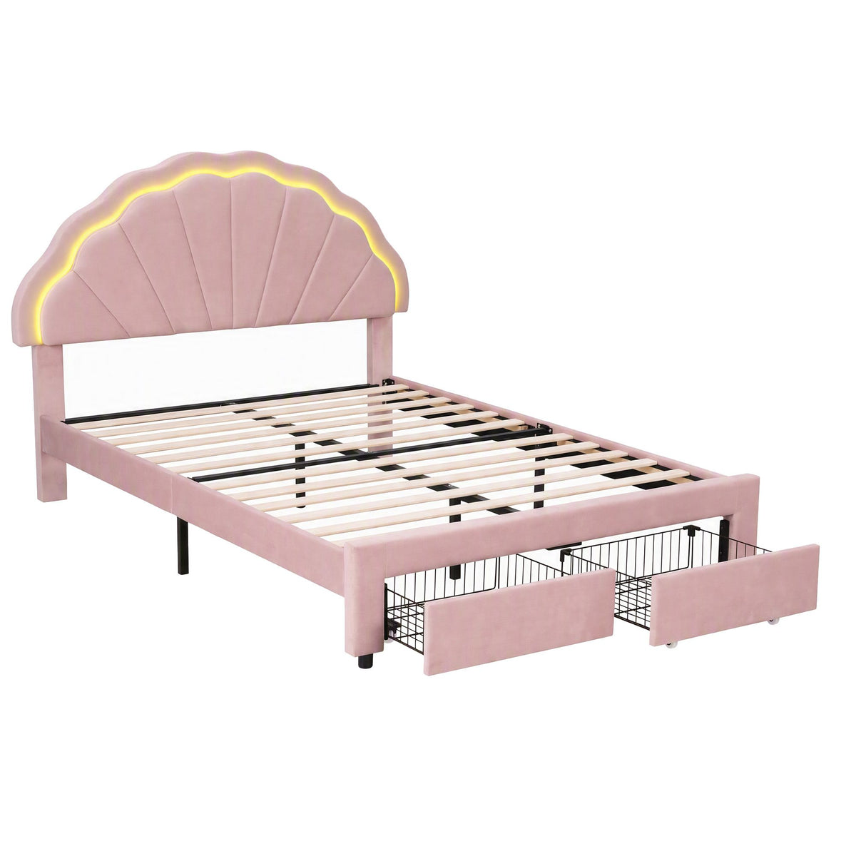 Double Velvet Upholstered Platform Bed Frame with 2 Storage Drawers and LED Headboard - Pink