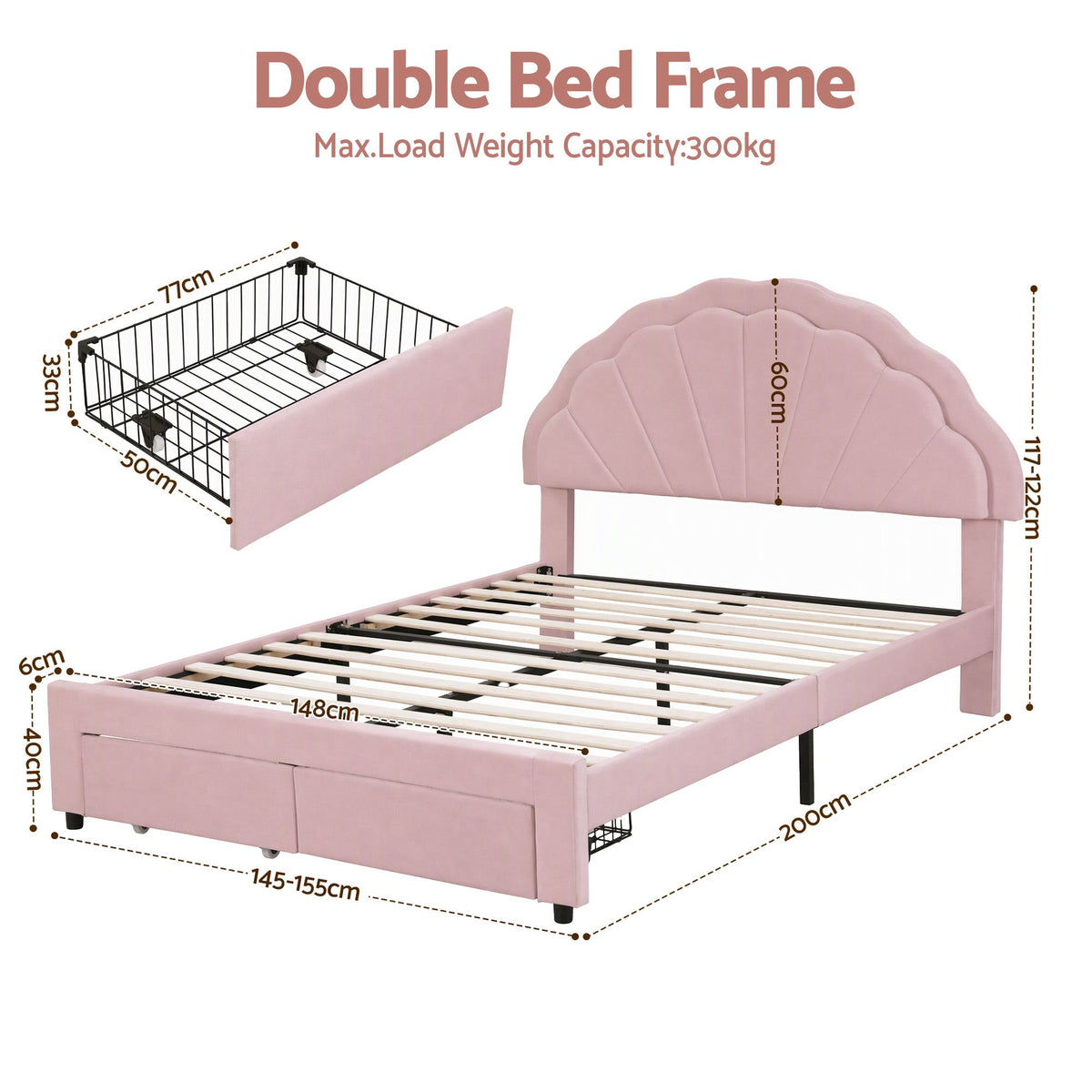 Double Velvet Upholstered Platform Bed Frame with 2 Storage Drawers and LED Headboard - Pink