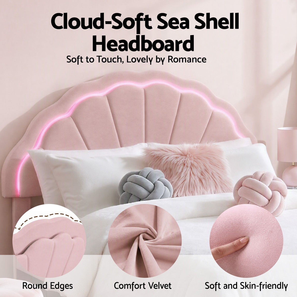 Double Velvet Upholstered Platform Bed Frame with 2 Storage Drawers and LED Headboard - Pink