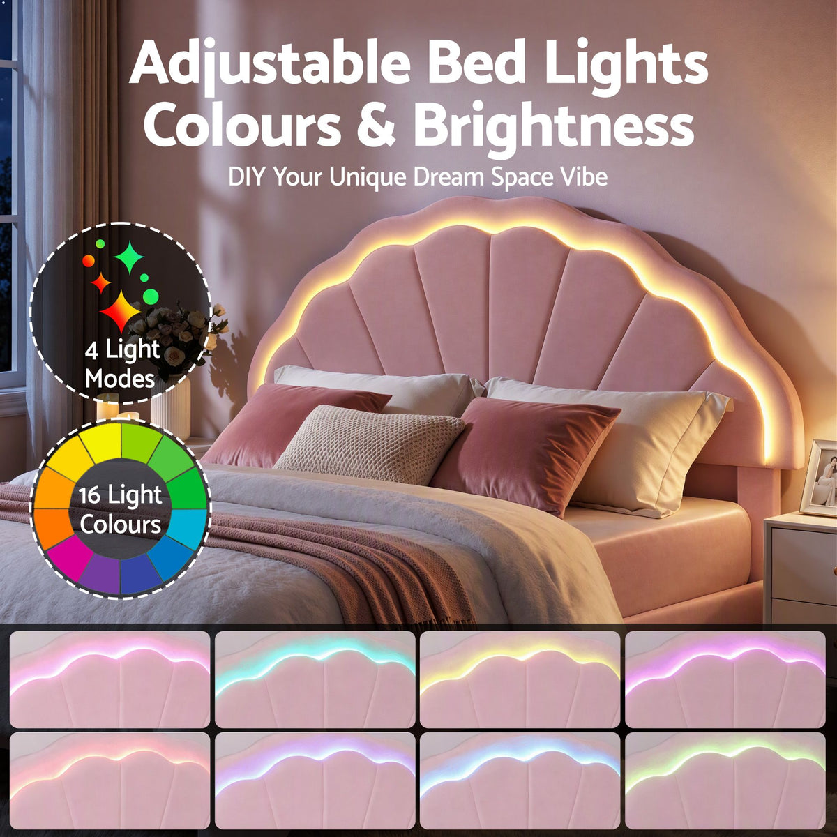 Double Velvet Upholstered Platform Bed Frame with 2 Storage Drawers and LED Headboard - Pink