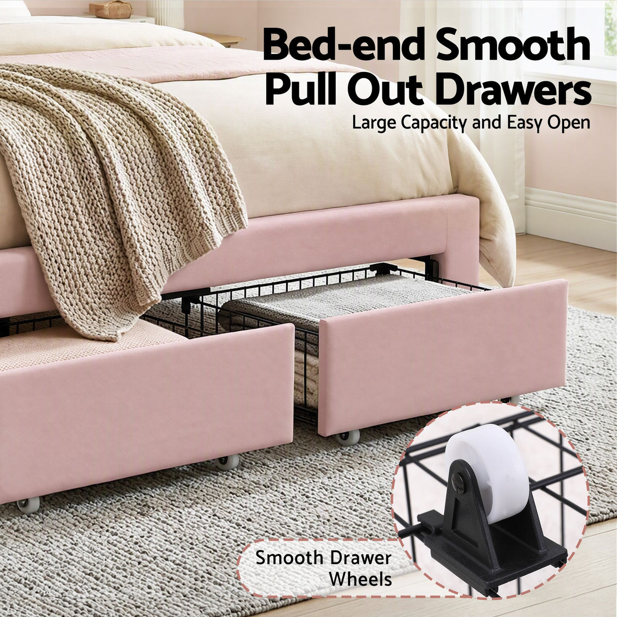 Double Velvet Upholstered Platform Bed Frame with 2 Storage Drawers and LED Headboard - Pink