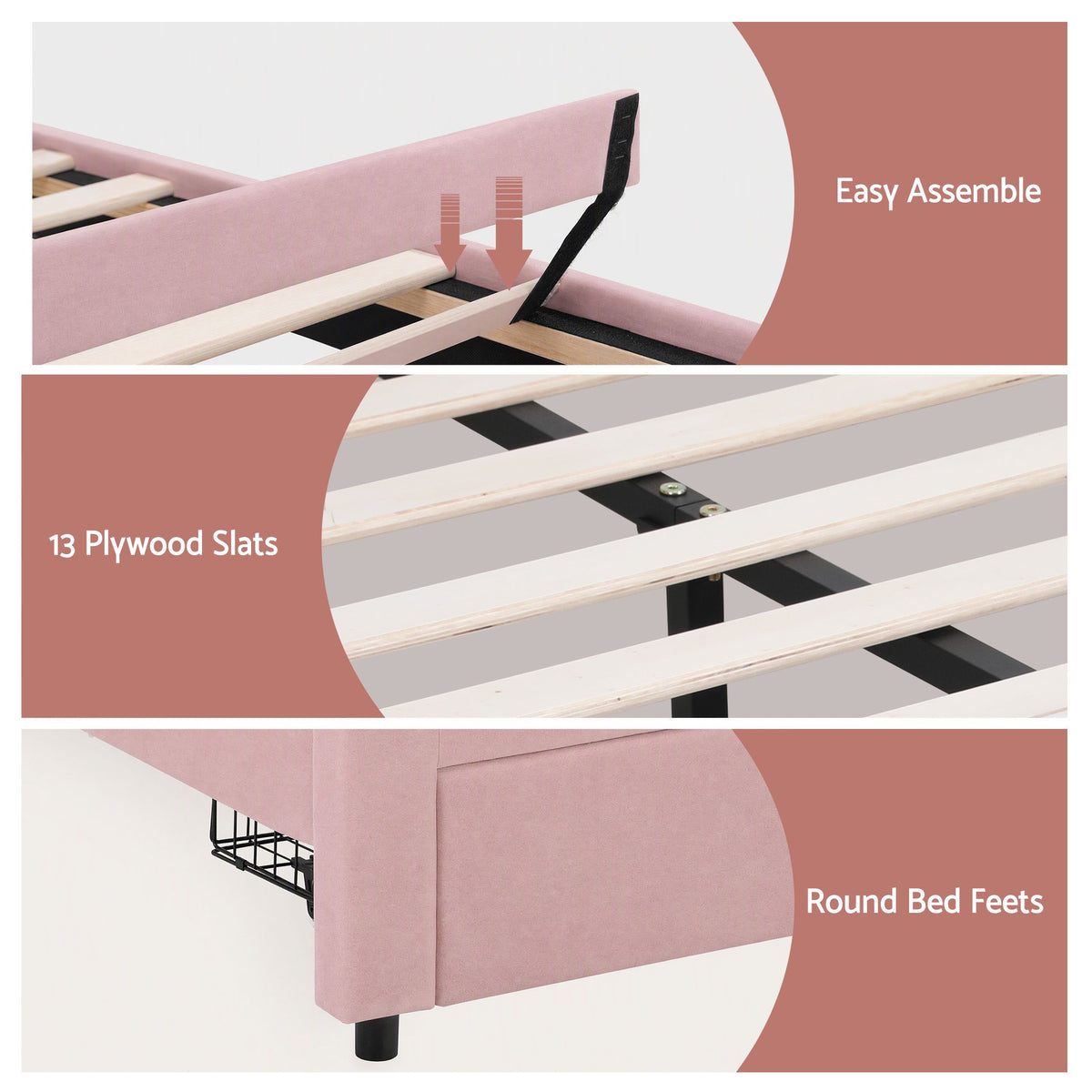 Double Velvet Upholstered Platform Bed Frame with 2 Storage Drawers and LED Headboard - Pink