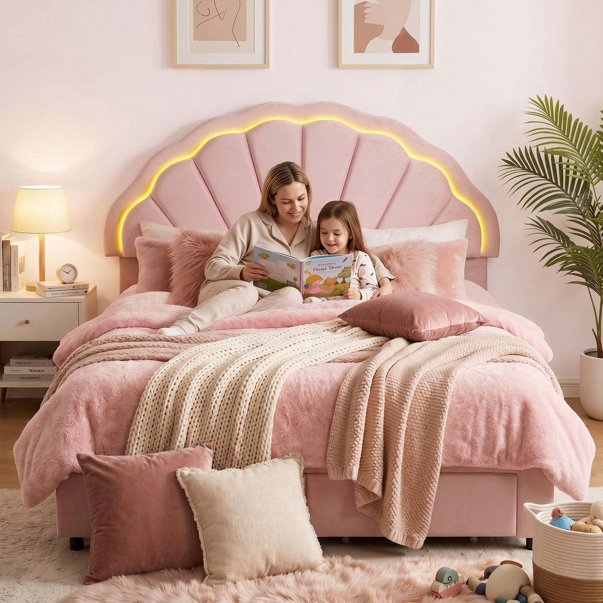 Double Velvet Upholstered Platform Bed Frame with 2 Storage Drawers and LED Headboard - Pink