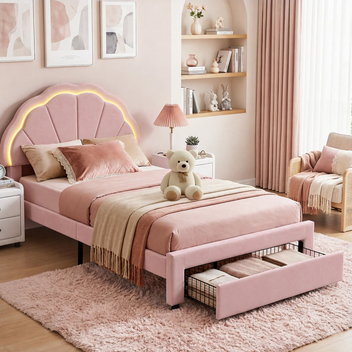 King Single Upholstered Velvet Platform Bed Frame with Storage Drawer and LED Headboard - Pink