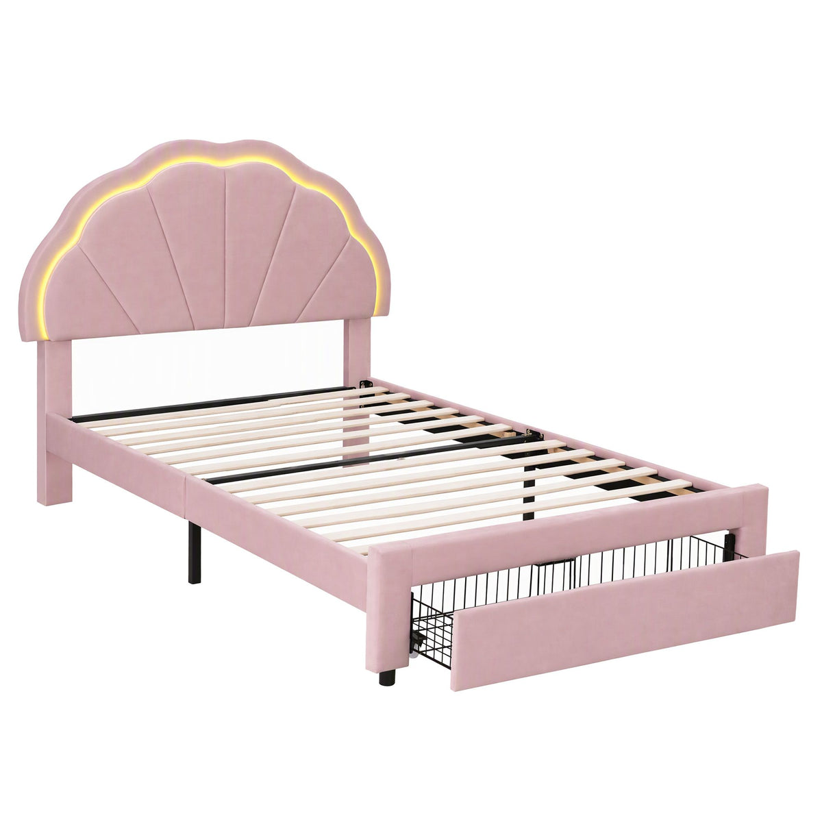 King Single Upholstered Velvet Platform Bed Frame with Storage Drawer and LED Headboard - Pink