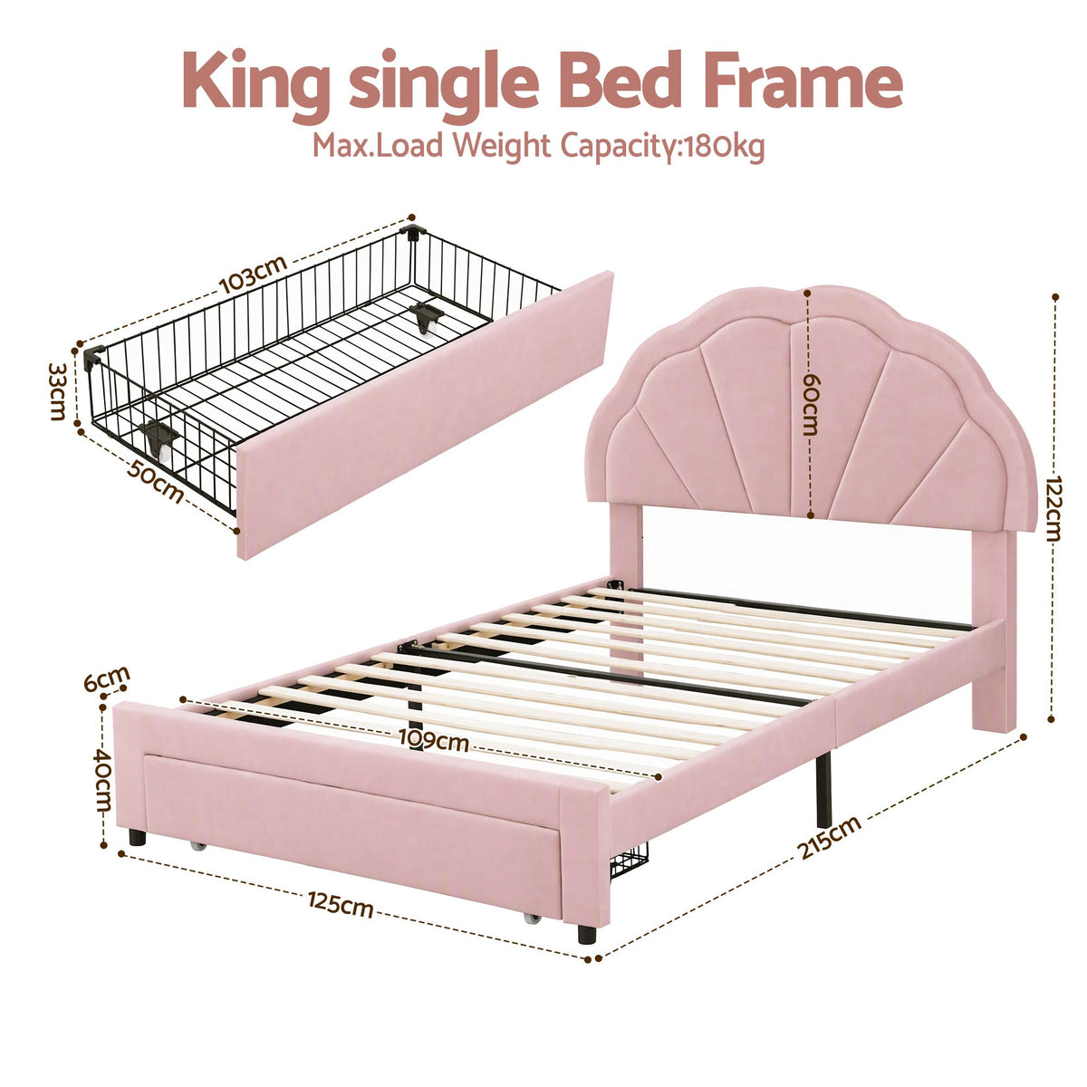 King Single Upholstered Velvet Platform Bed Frame with Storage Drawer and LED Headboard - Pink