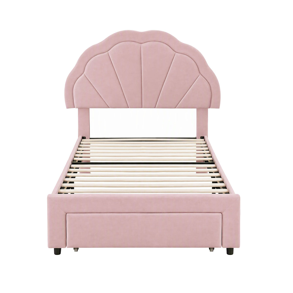 King Single Upholstered Velvet Platform Bed Frame with Storage Drawer and LED Headboard - Pink