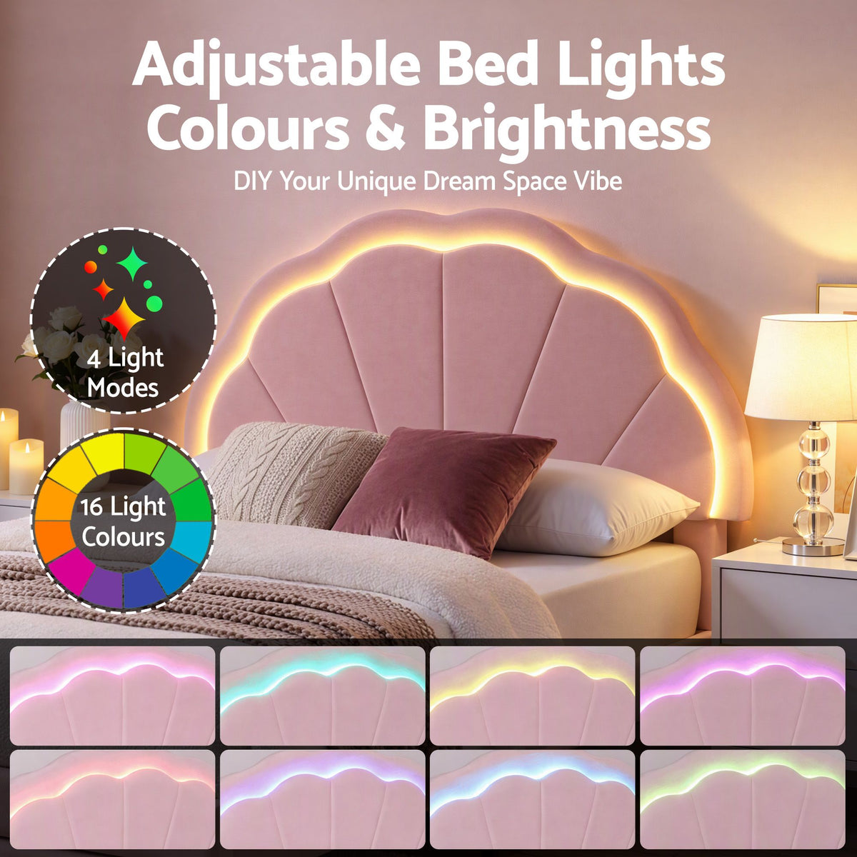 King Single Upholstered Velvet Platform Bed Frame with Storage Drawer and LED Headboard - Pink