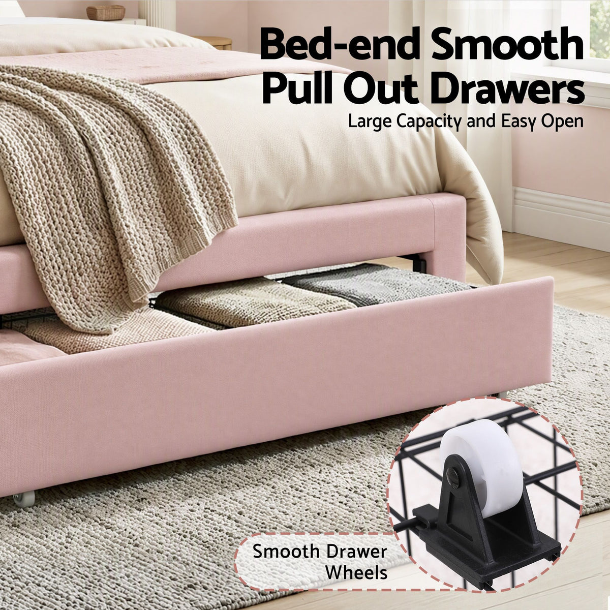 King Single Upholstered Velvet Platform Bed Frame with Storage Drawer and LED Headboard - Pink