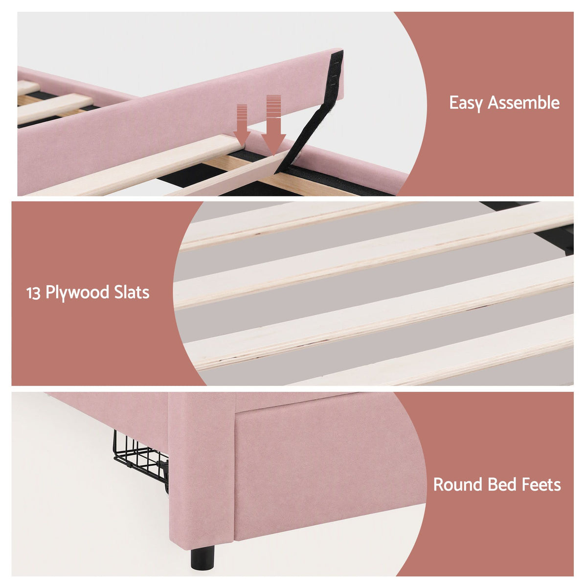 King Single Upholstered Velvet Platform Bed Frame with Storage Drawer and LED Headboard - Pink
