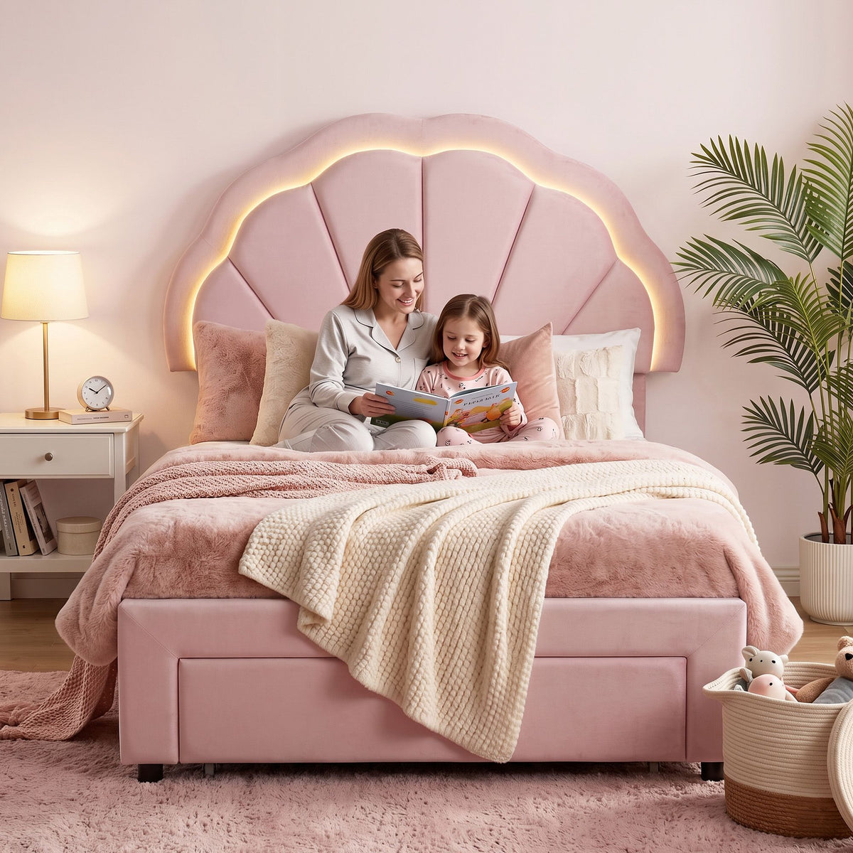 King Single Upholstered Velvet Platform Bed Frame with Storage Drawer and LED Headboard - Pink