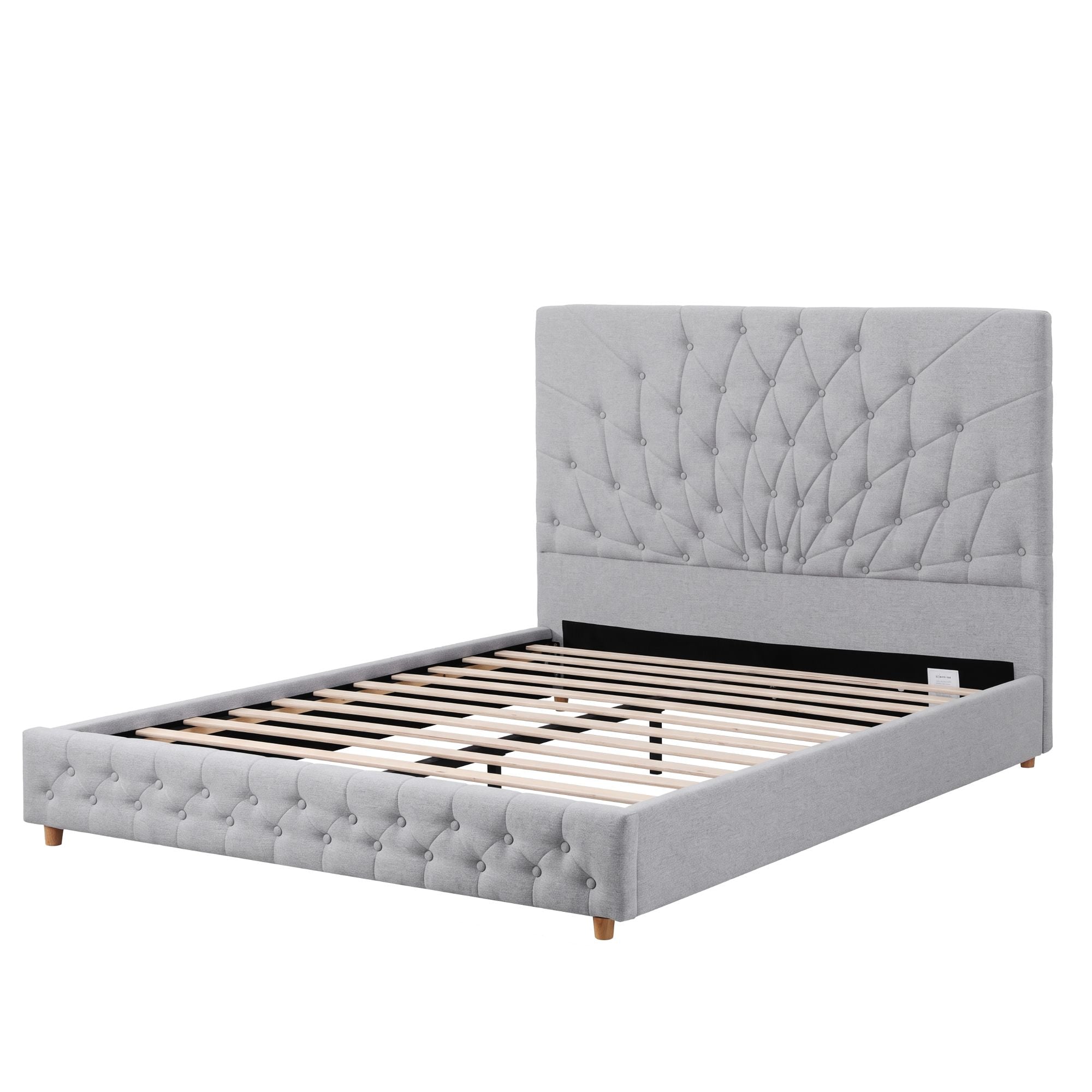 Queen Bed Frame with Tufted Upholstered Headboard and Plywood Slats - Grey