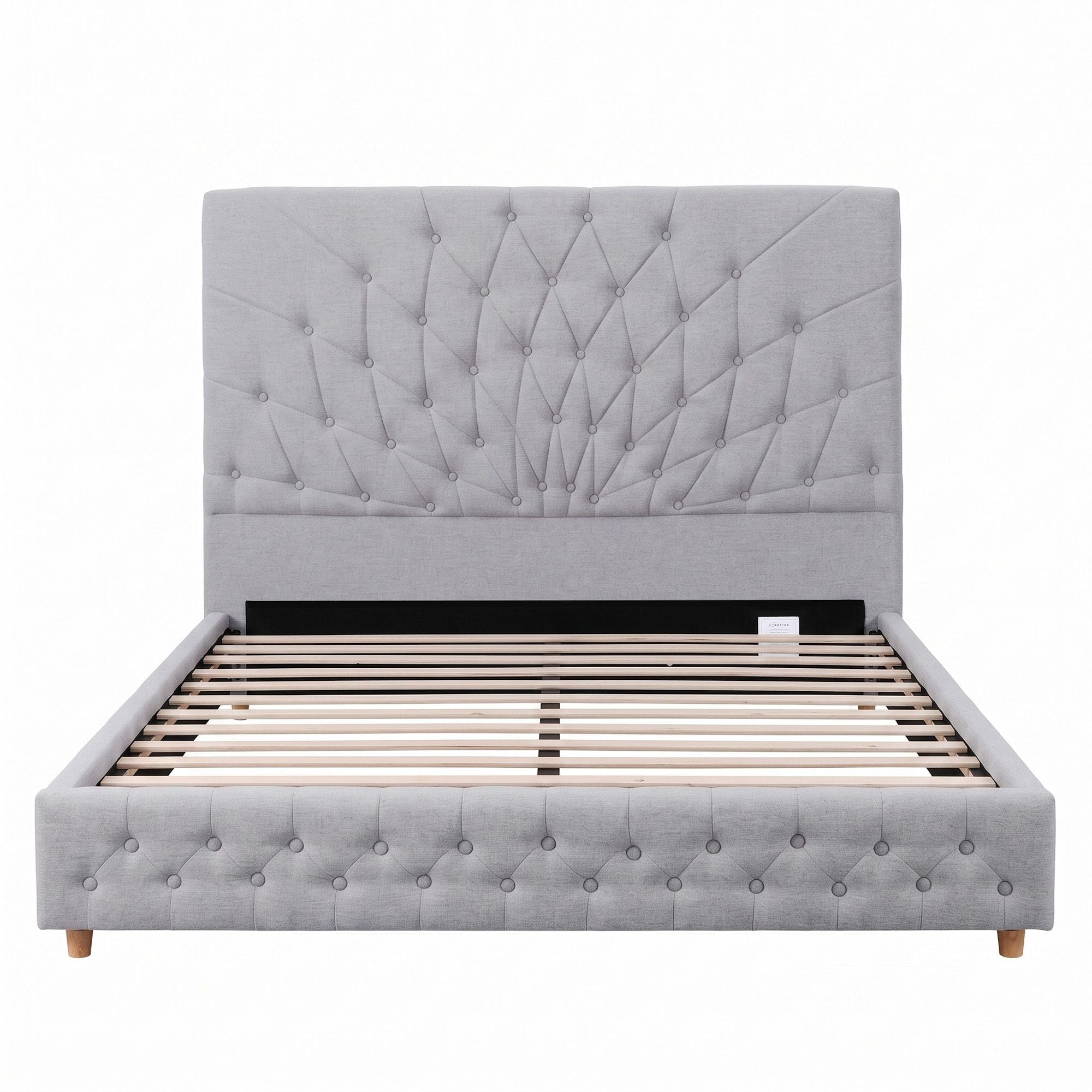 Queen Bed Frame with Tufted Upholstered Headboard and Plywood Slats - Grey