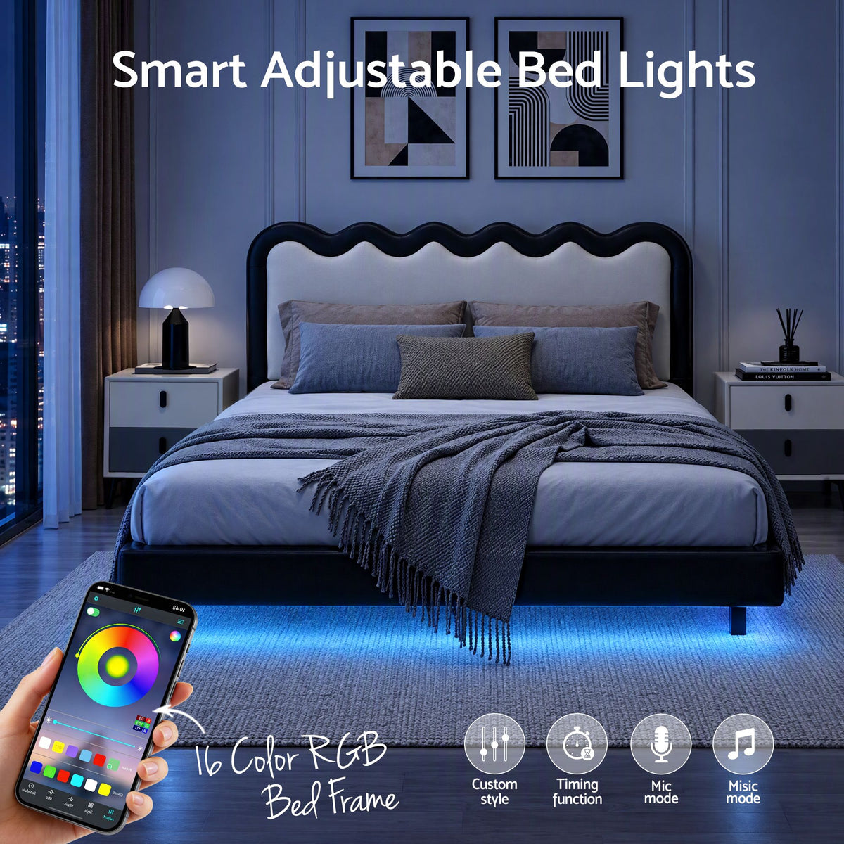 Double Floating Bed Frame with RGB LED and USB Charging - Black and Beige