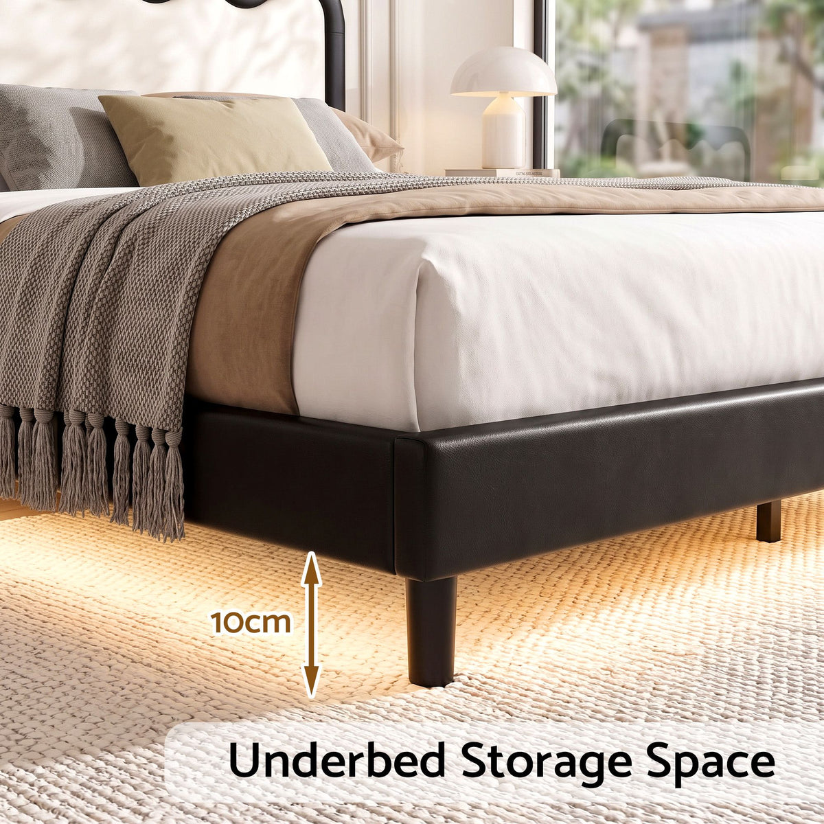 Double Floating Bed Frame with RGB LED and USB Charging - Black and Beige