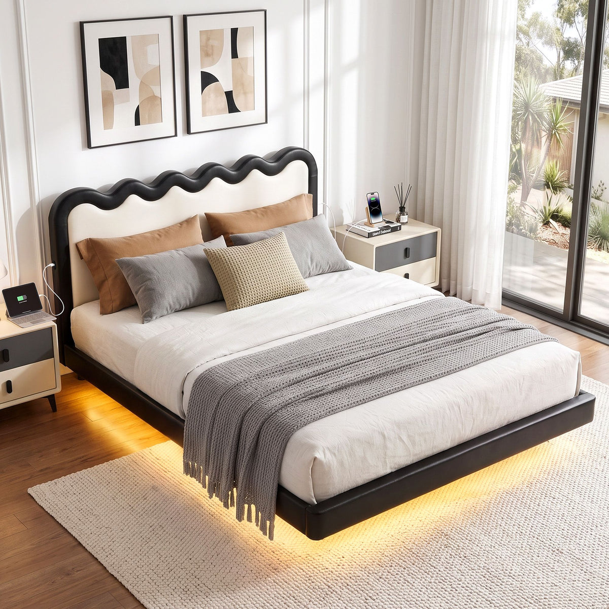 Queen Floating Bed Frame with RGB LED and USB Charging - Black and Beige