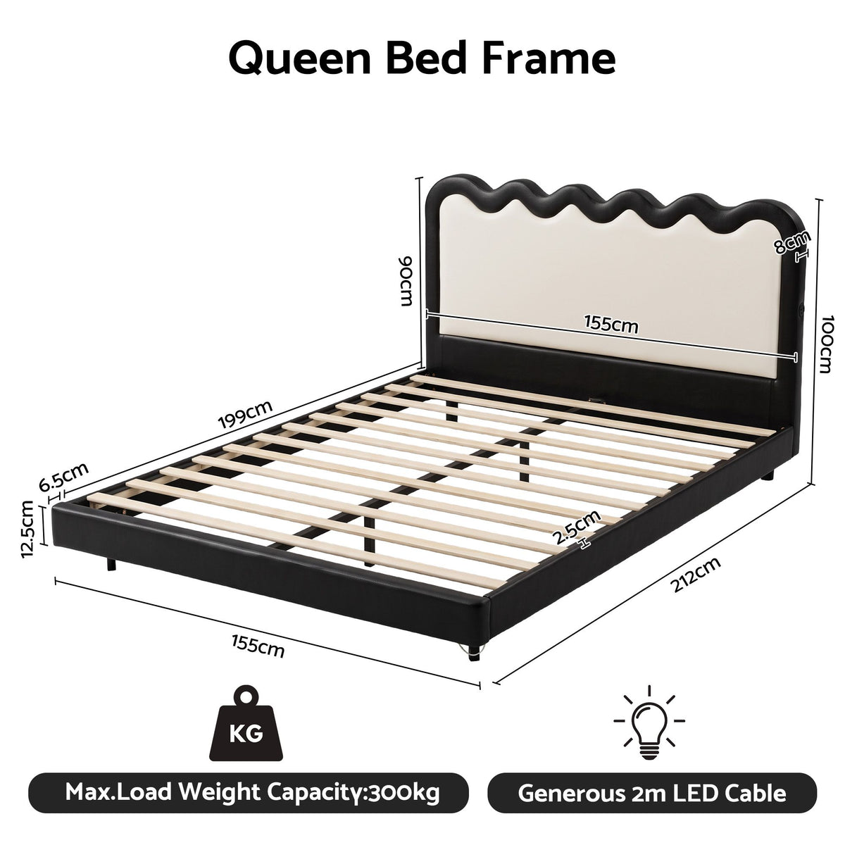 Queen Floating Bed Frame with RGB LED and USB Charging - Black and Beige