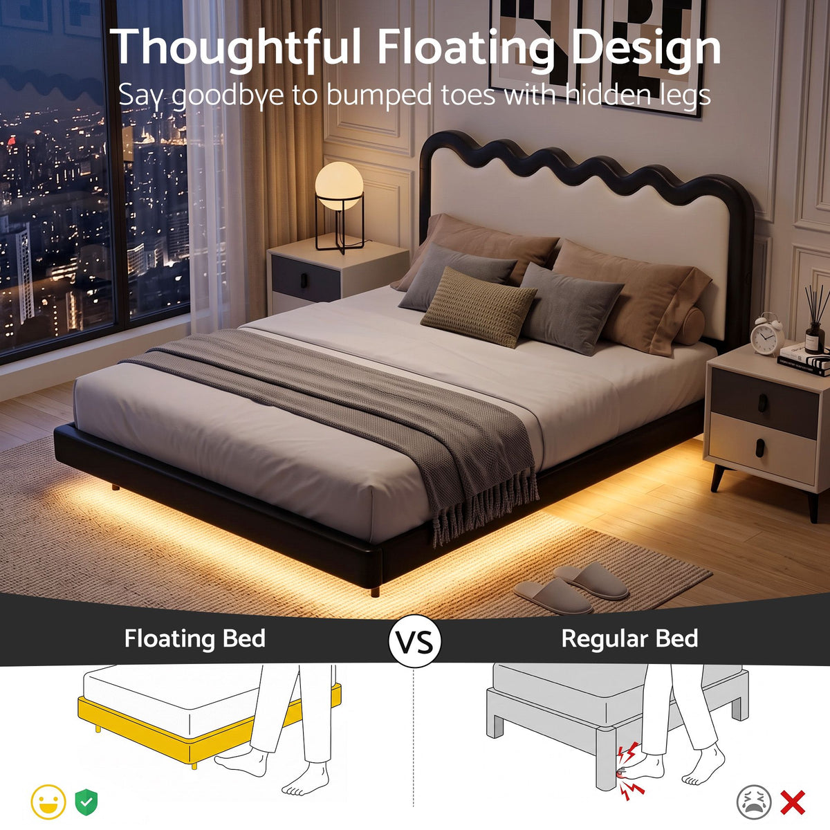 Queen Floating Bed Frame with RGB LED and USB Charging - Black and Beige