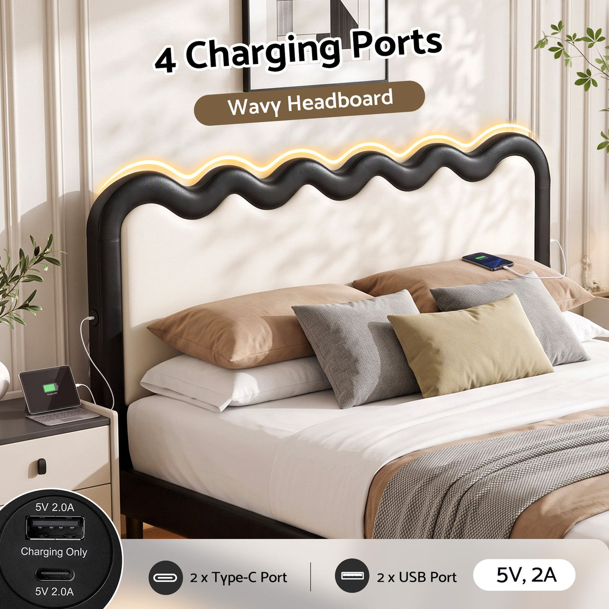 Queen Floating Bed Frame with RGB LED and USB Charging - Black and Beige