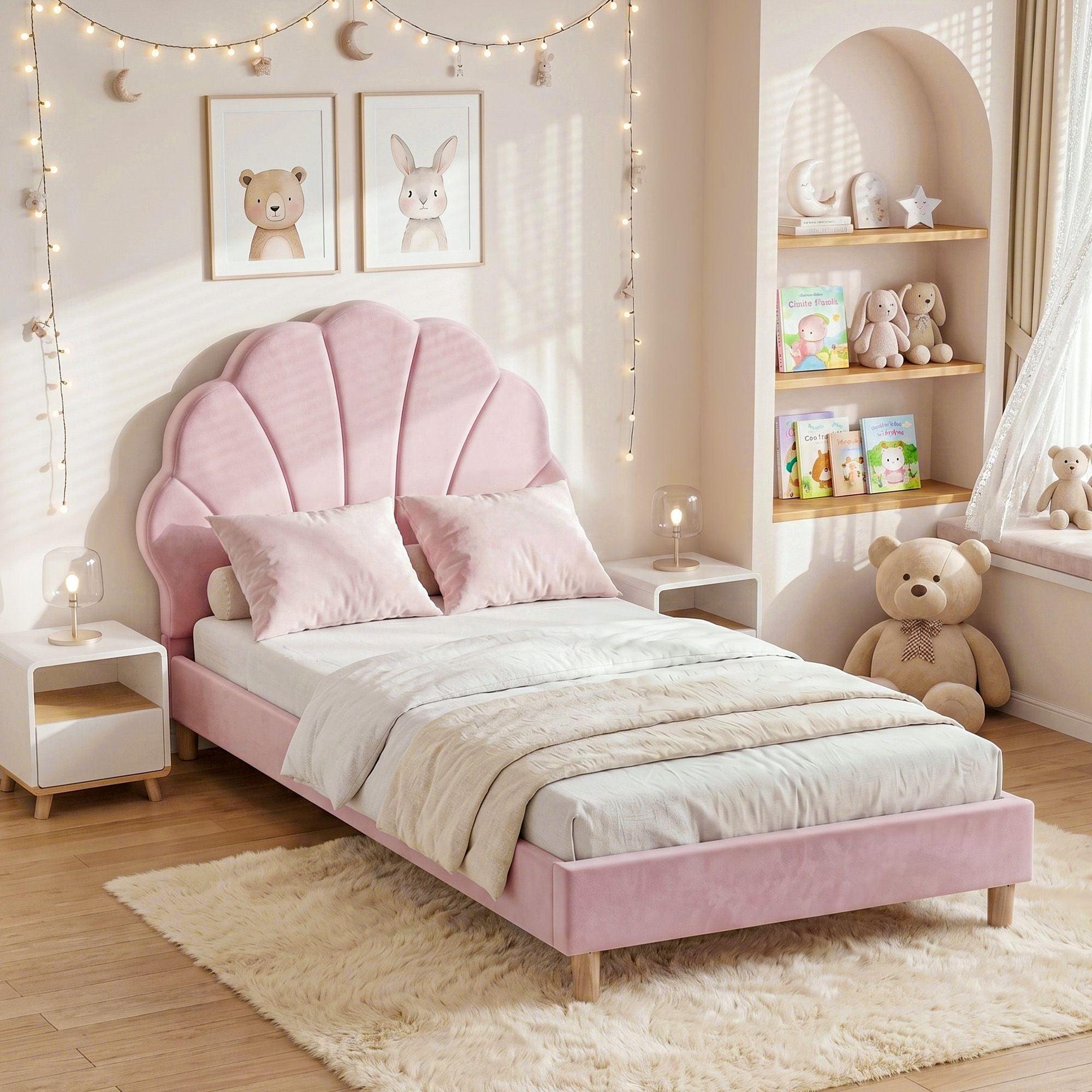 Single Bed Frame with Scallop Upholstered Pink Velvet Headboard - Pink