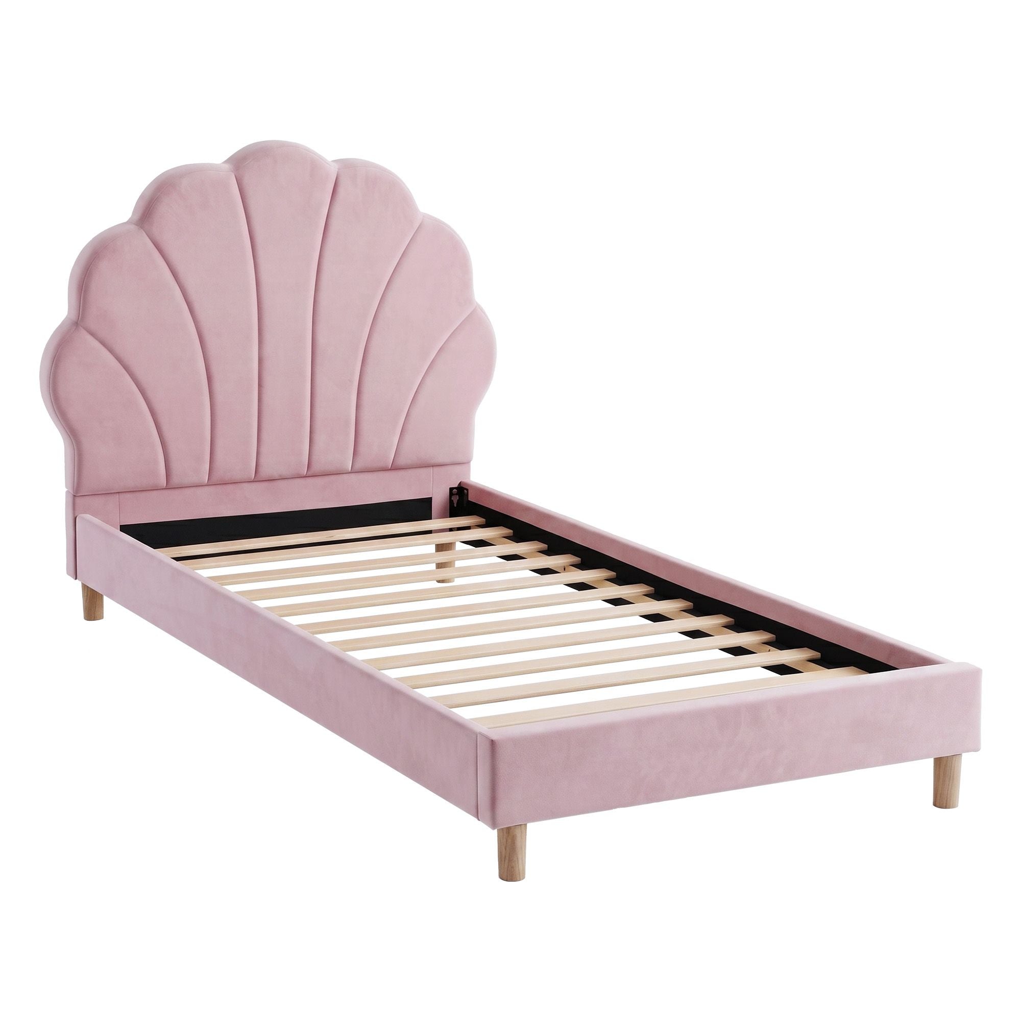 Single Bed Frame with Scallop Upholstered Pink Velvet Headboard - Pink