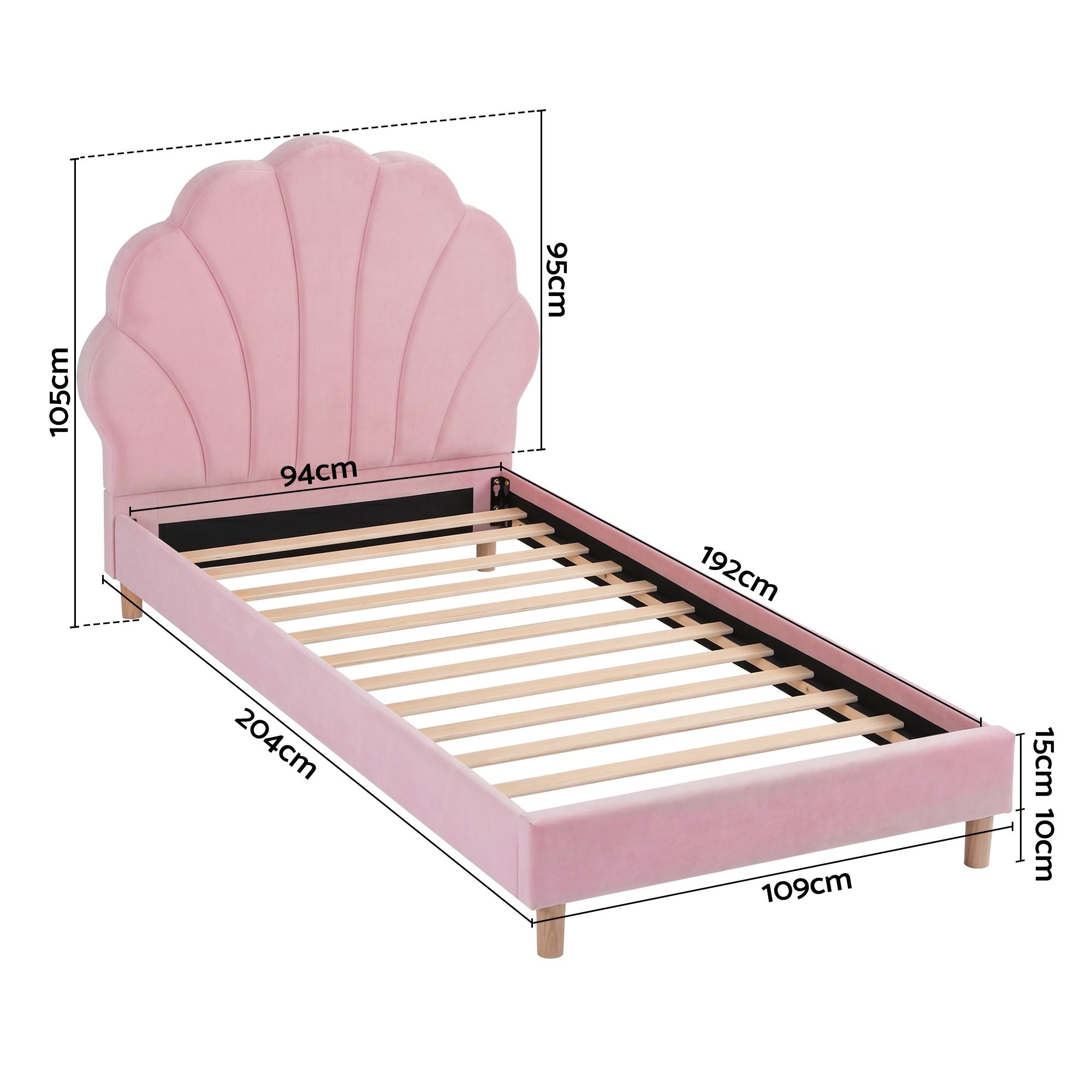Single Bed Frame with Scallop Upholstered Pink Velvet Headboard - Pink