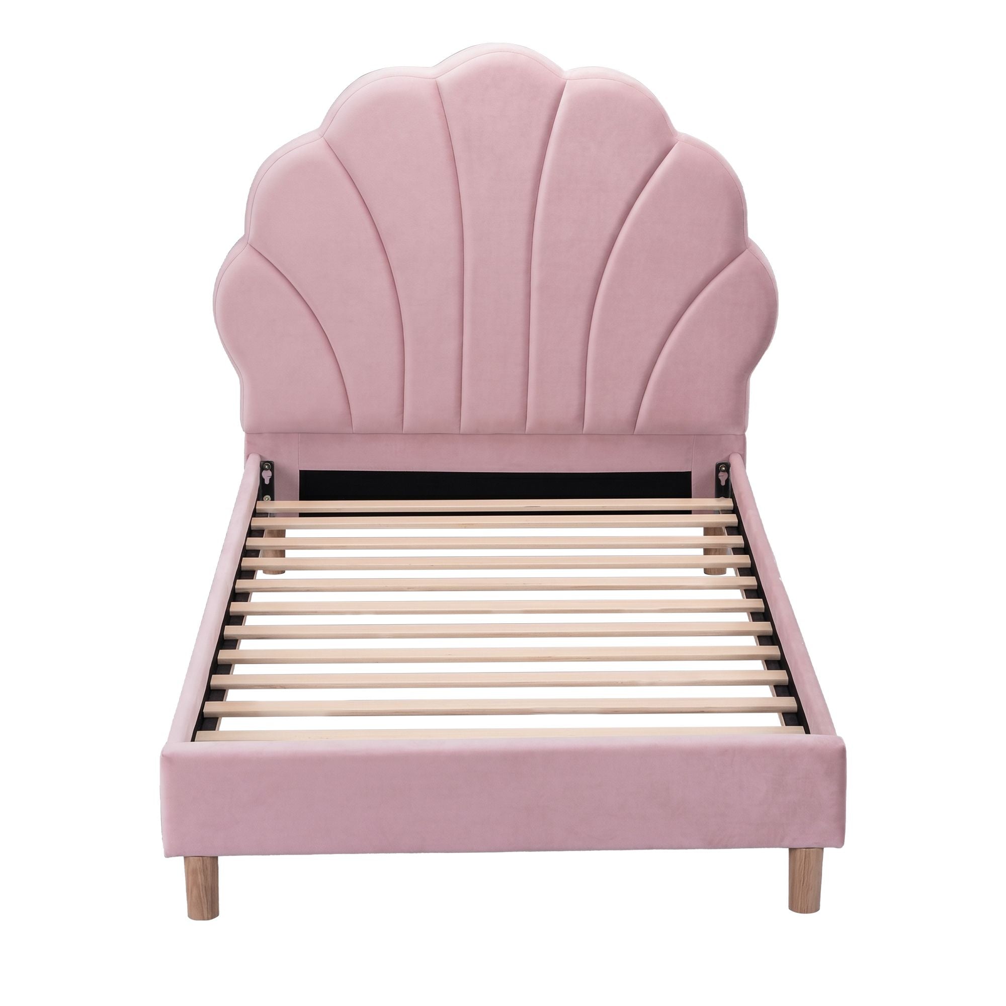 Single Bed Frame with Scallop Upholstered Pink Velvet Headboard - Pink