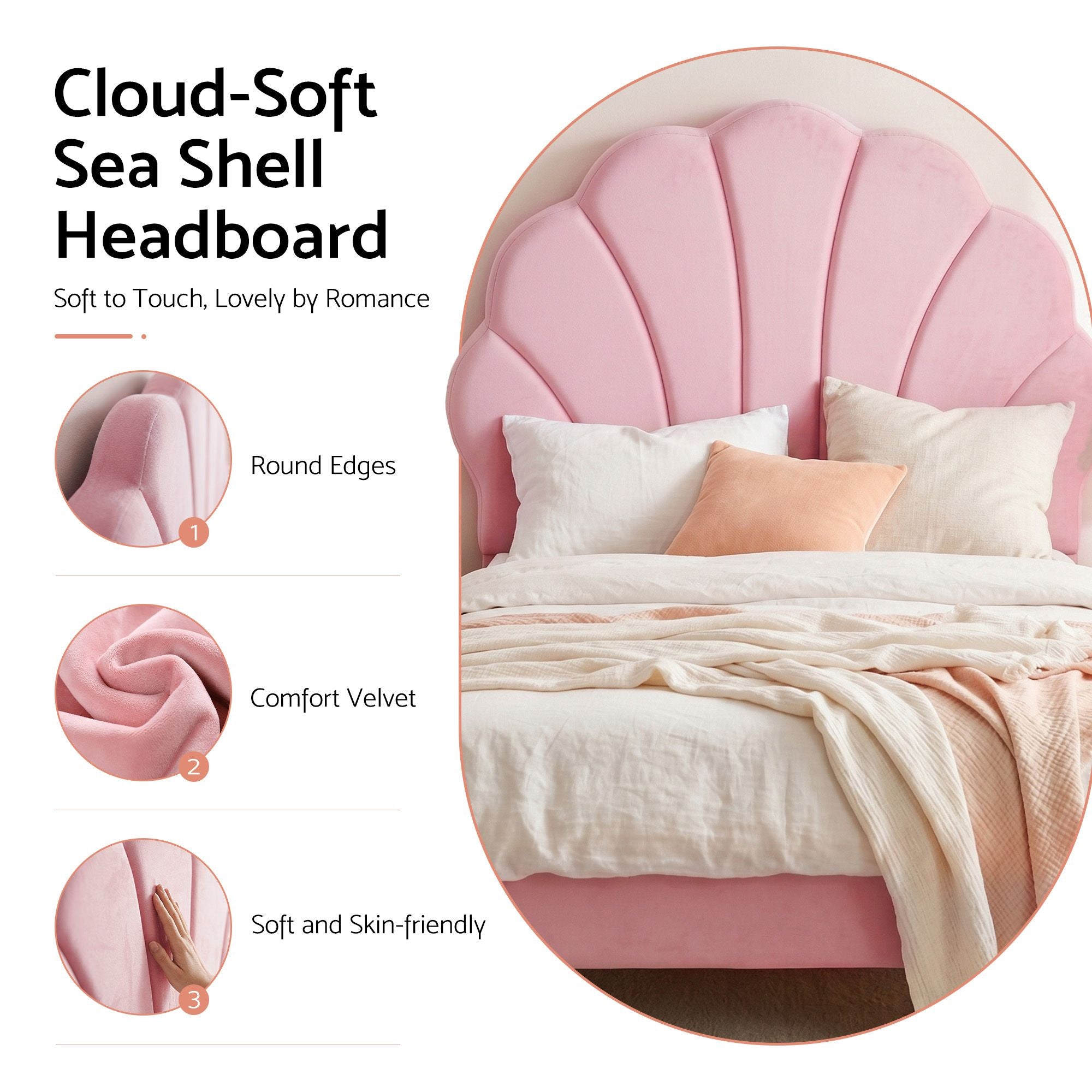 Single Bed Frame with Scallop Upholstered Pink Velvet Headboard - Pink