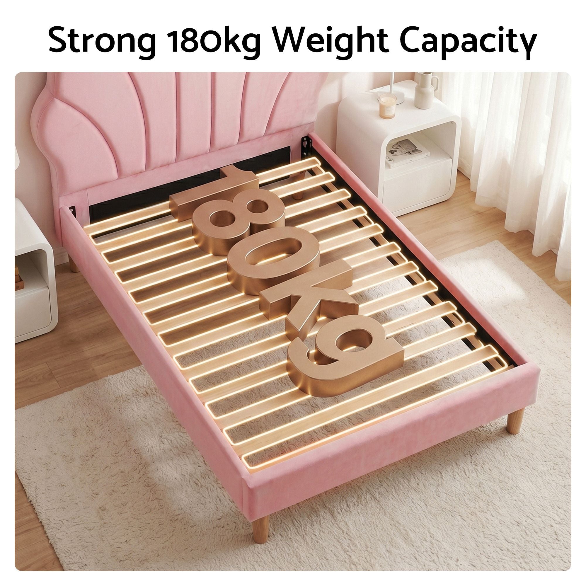 Single Bed Frame with Scallop Upholstered Pink Velvet Headboard - Pink