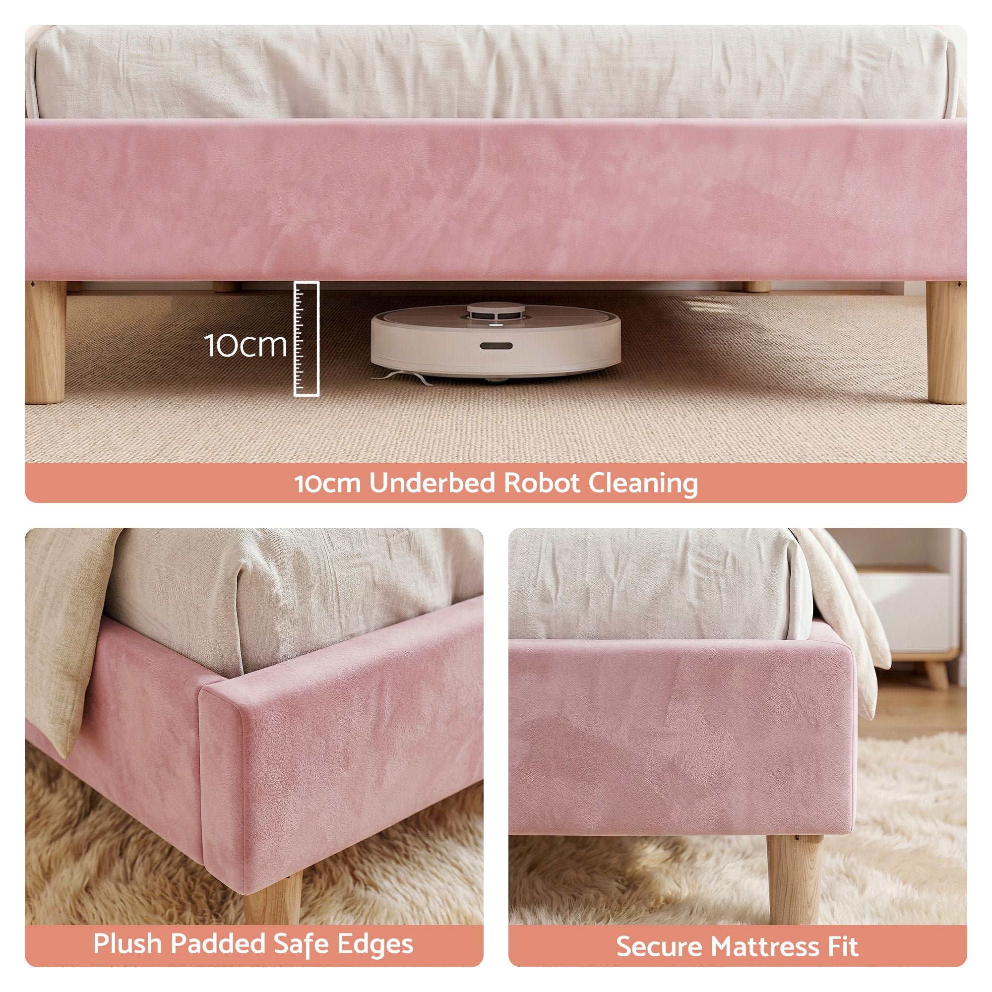 Single Bed Frame with Scallop Upholstered Pink Velvet Headboard - Pink