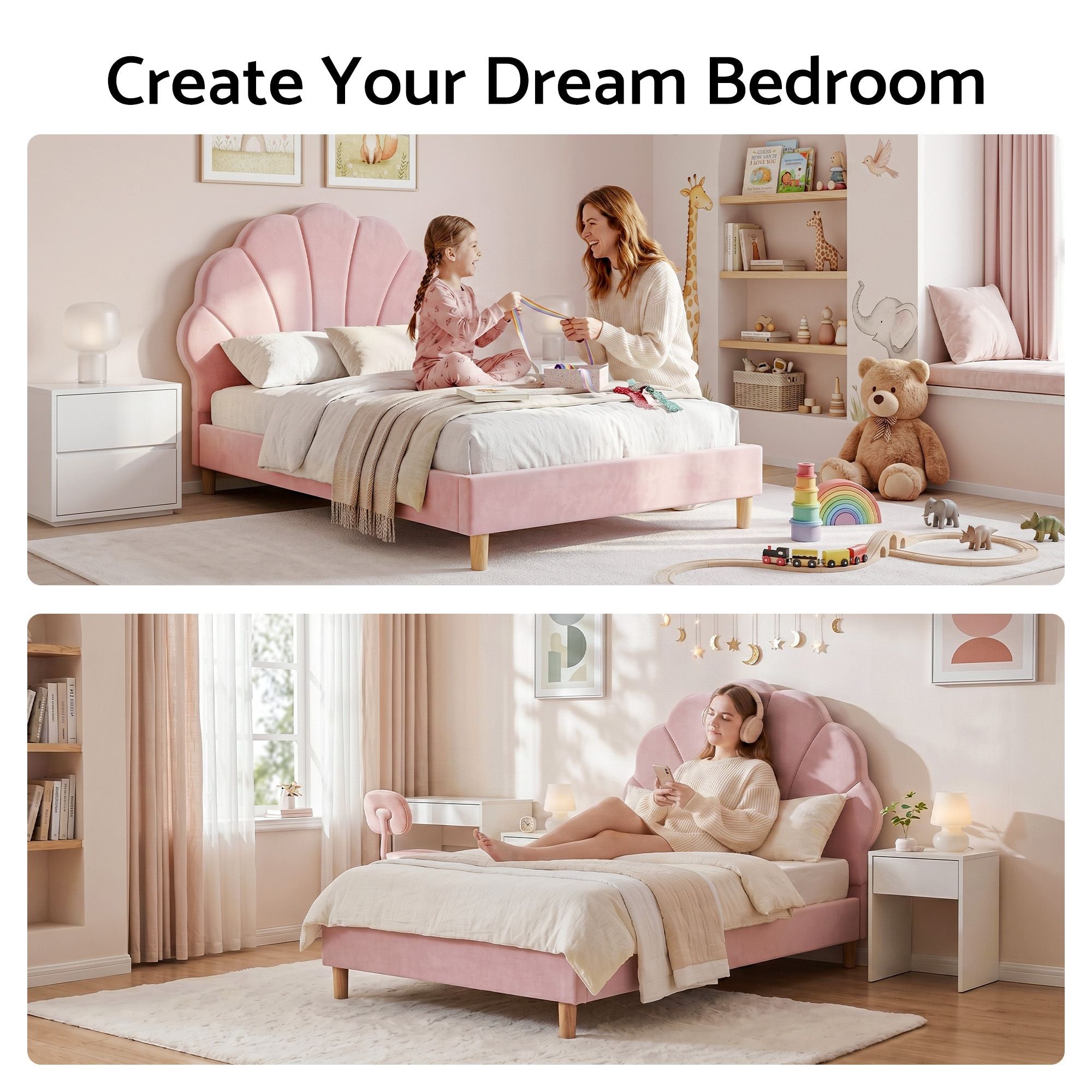 Single Bed Frame with Scallop Upholstered Pink Velvet Headboard - Pink