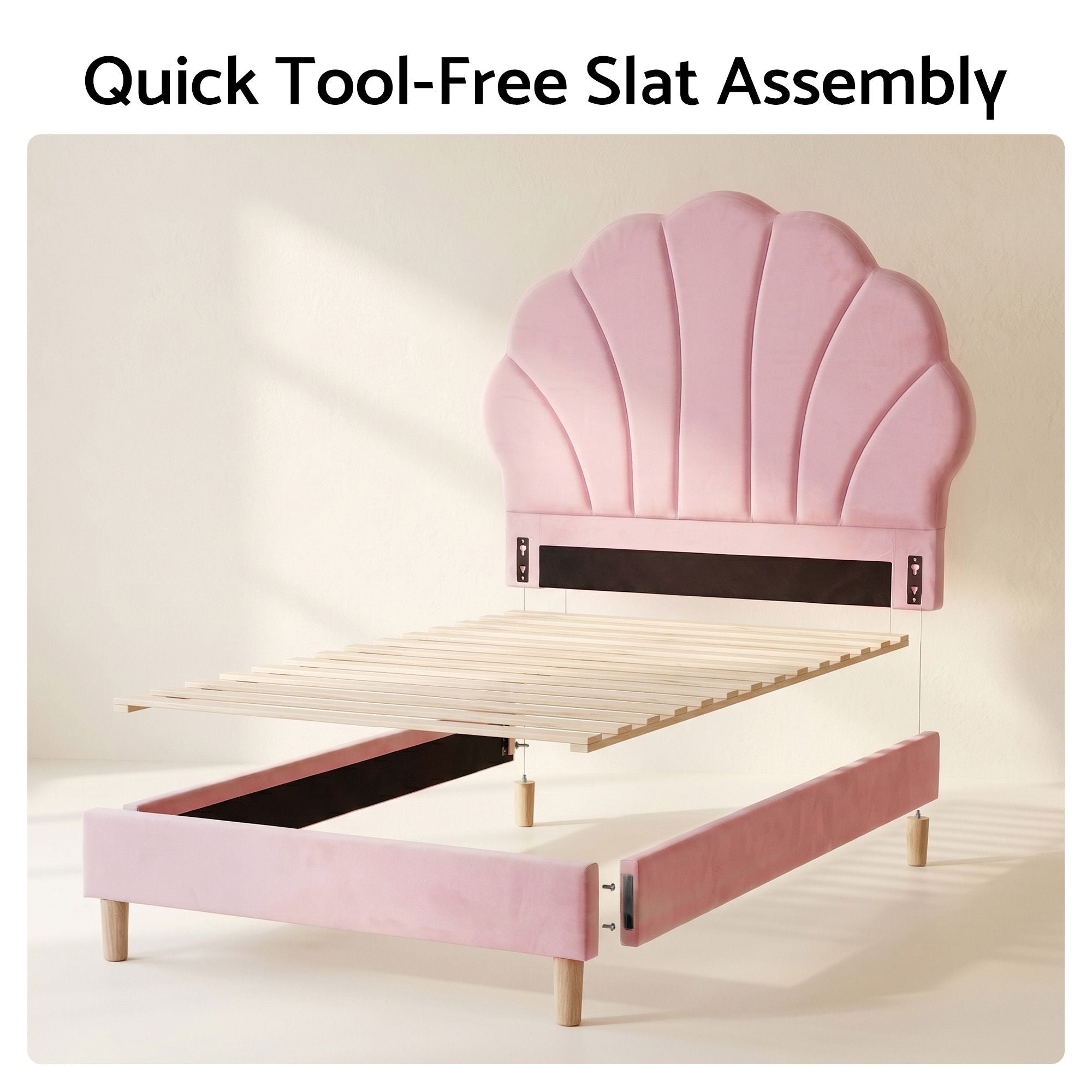 Single Bed Frame with Scallop Upholstered Pink Velvet Headboard - Pink