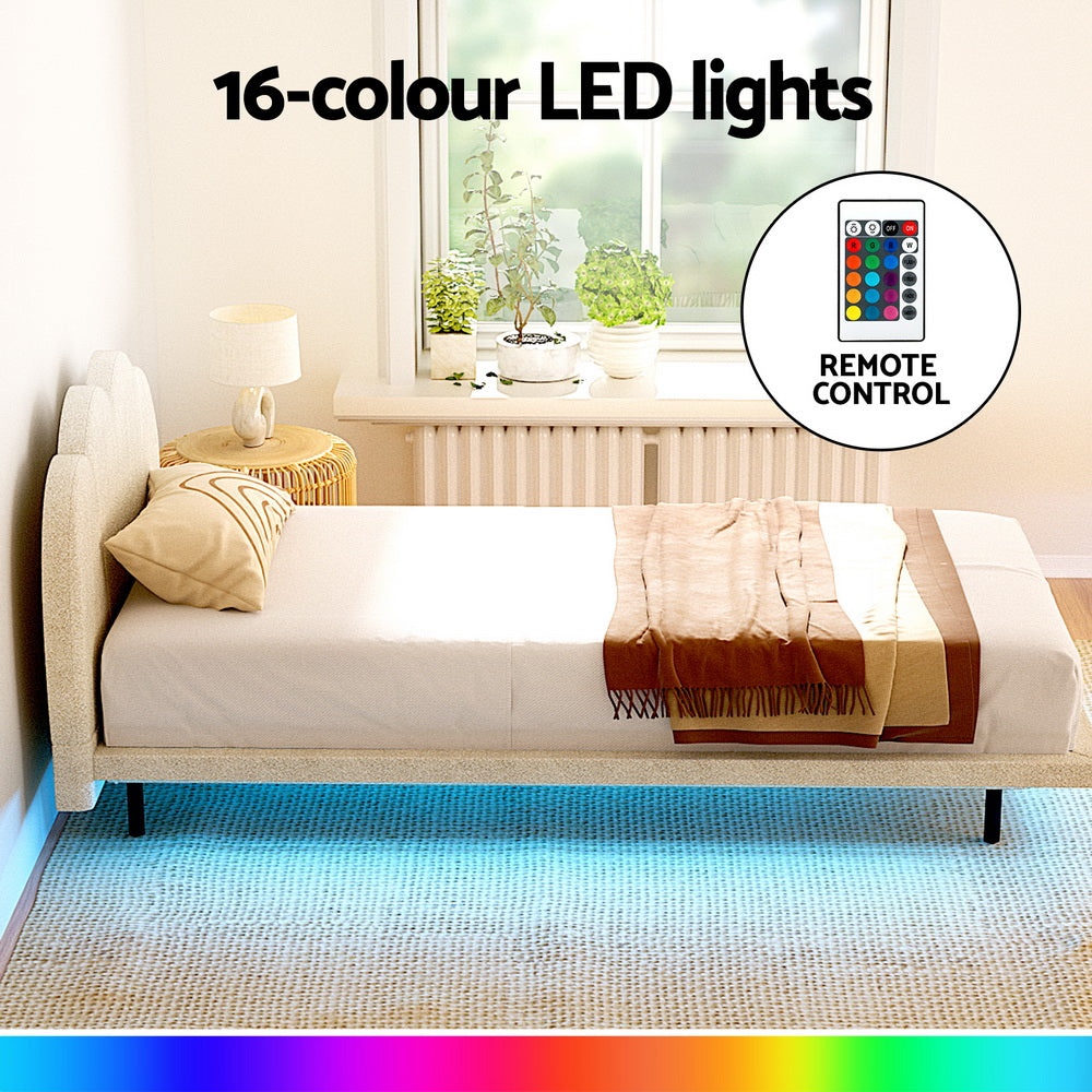 Sasa Single LED Bed Frame - Beige Boucle Fabric