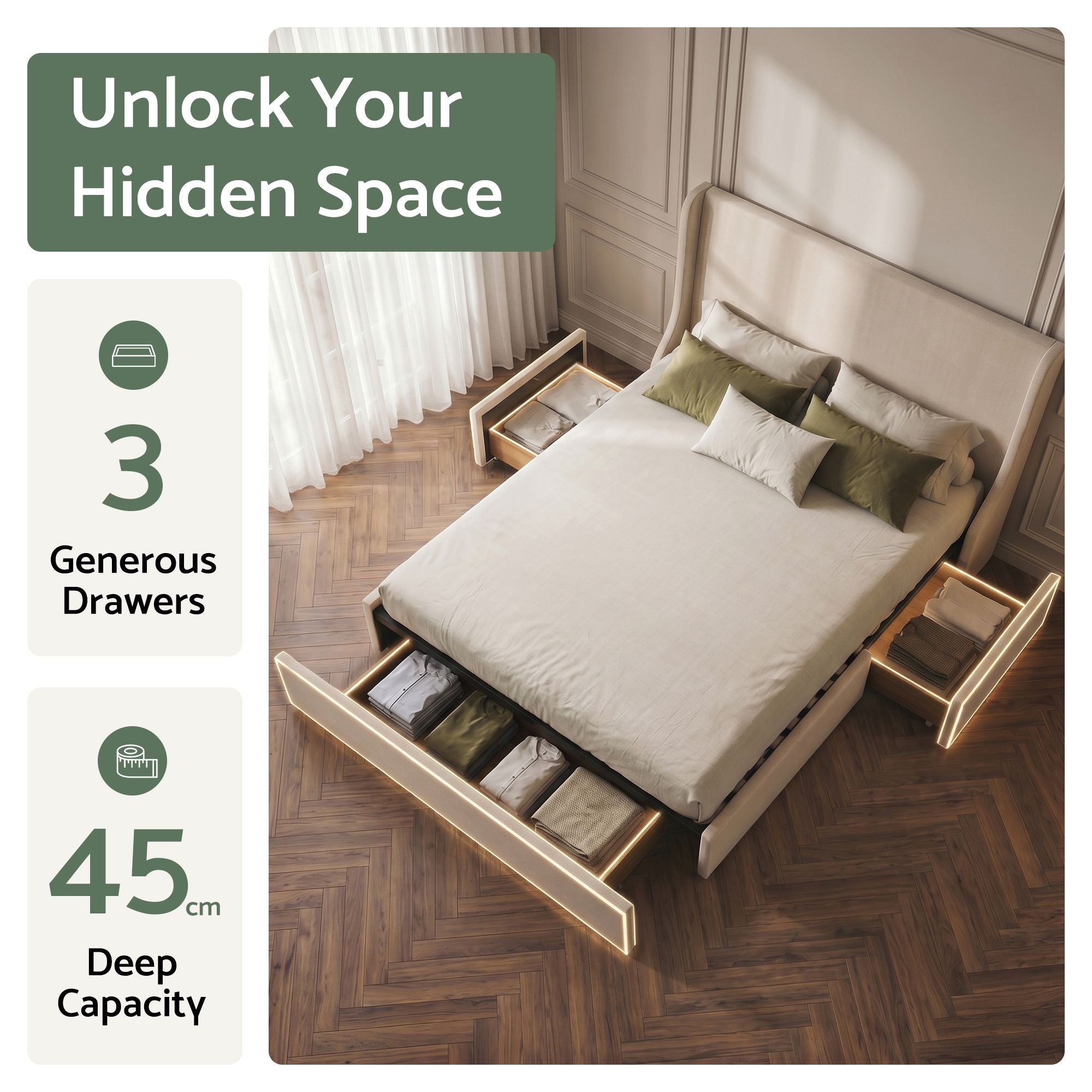 Double Upholstered Bed Frame with 3 Storage Drawers and Wingback Headboard - Off White