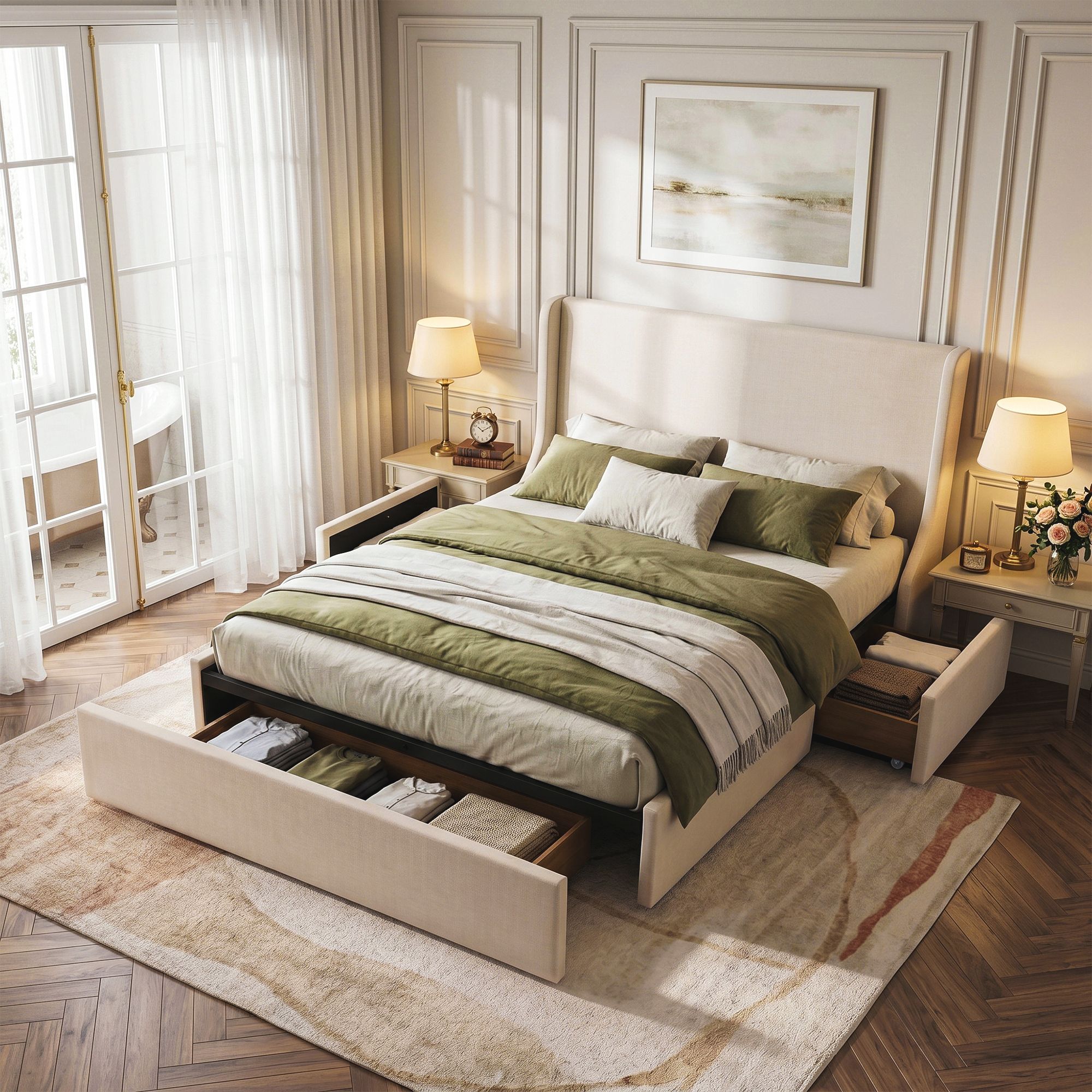 Double Upholstered Bed Frame with 3 Storage Drawers and Wingback Headboard - Off White