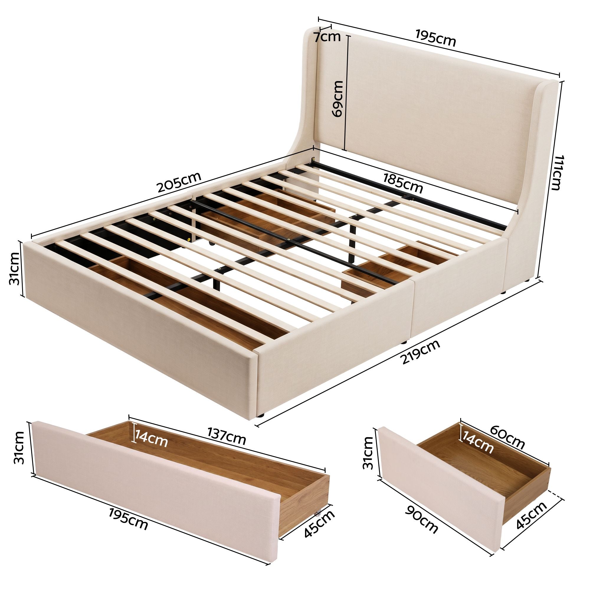 King Upholstered Bed Frame with 3 Storage Drawers and Wingback Headboard - Off-White