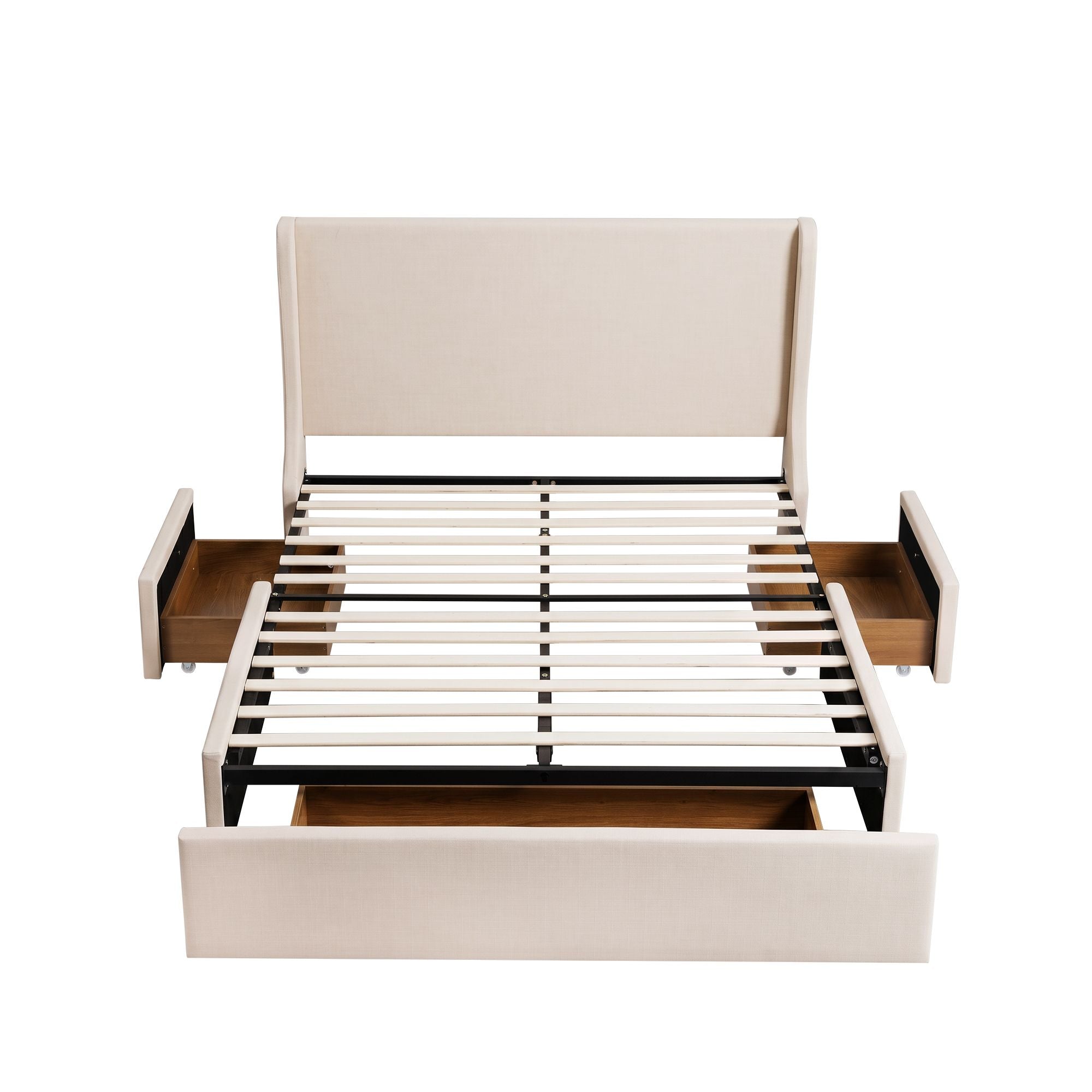 King Upholstered Bed Frame with 3 Storage Drawers and Wingback Headboard - Off-White