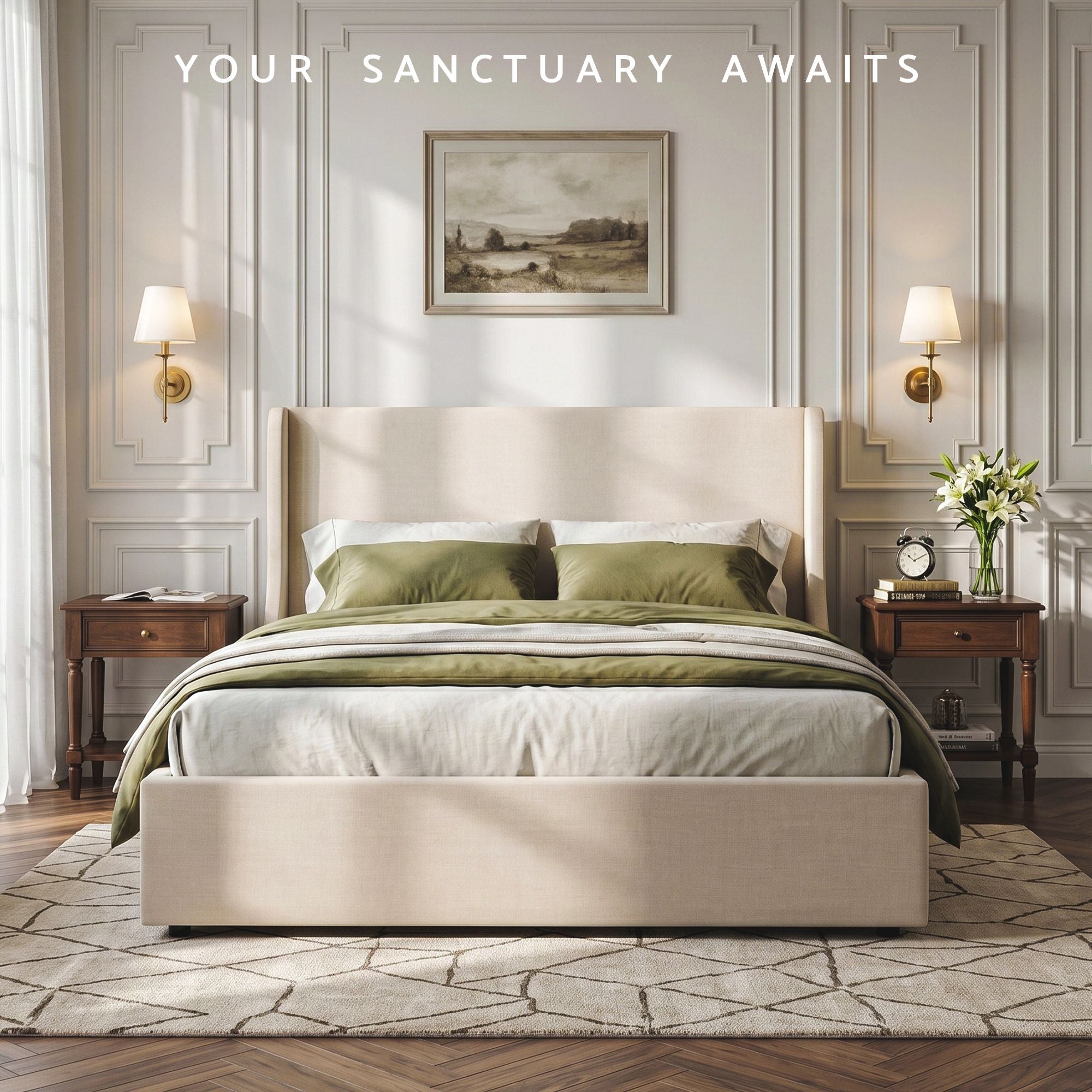 King Upholstered Bed Frame with 3 Storage Drawers and Wingback Headboard - Off-White