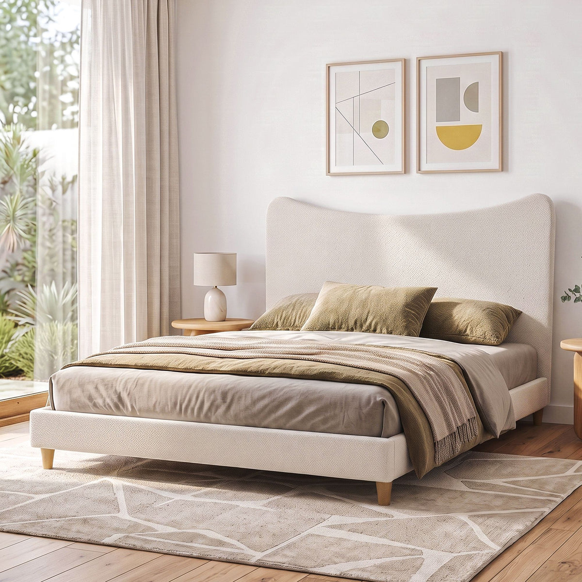 King Bed Frame with Boucle Curved Headboard, 300kg Capacity - Beige