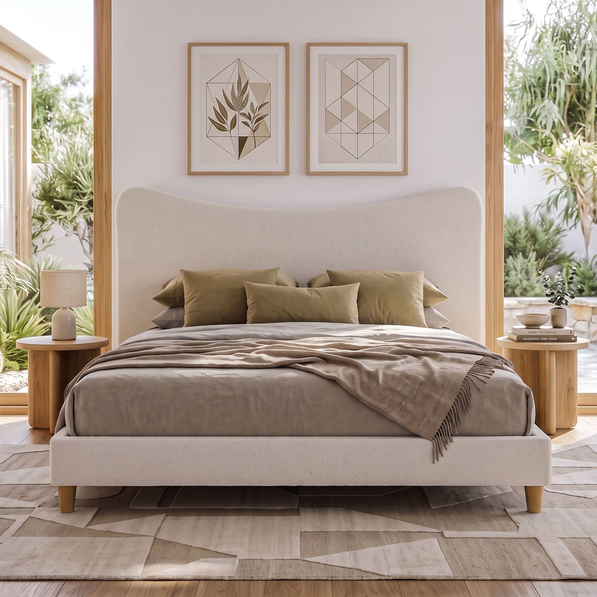 King Bed Frame with Boucle Curved Headboard, 300kg Capacity - Beige