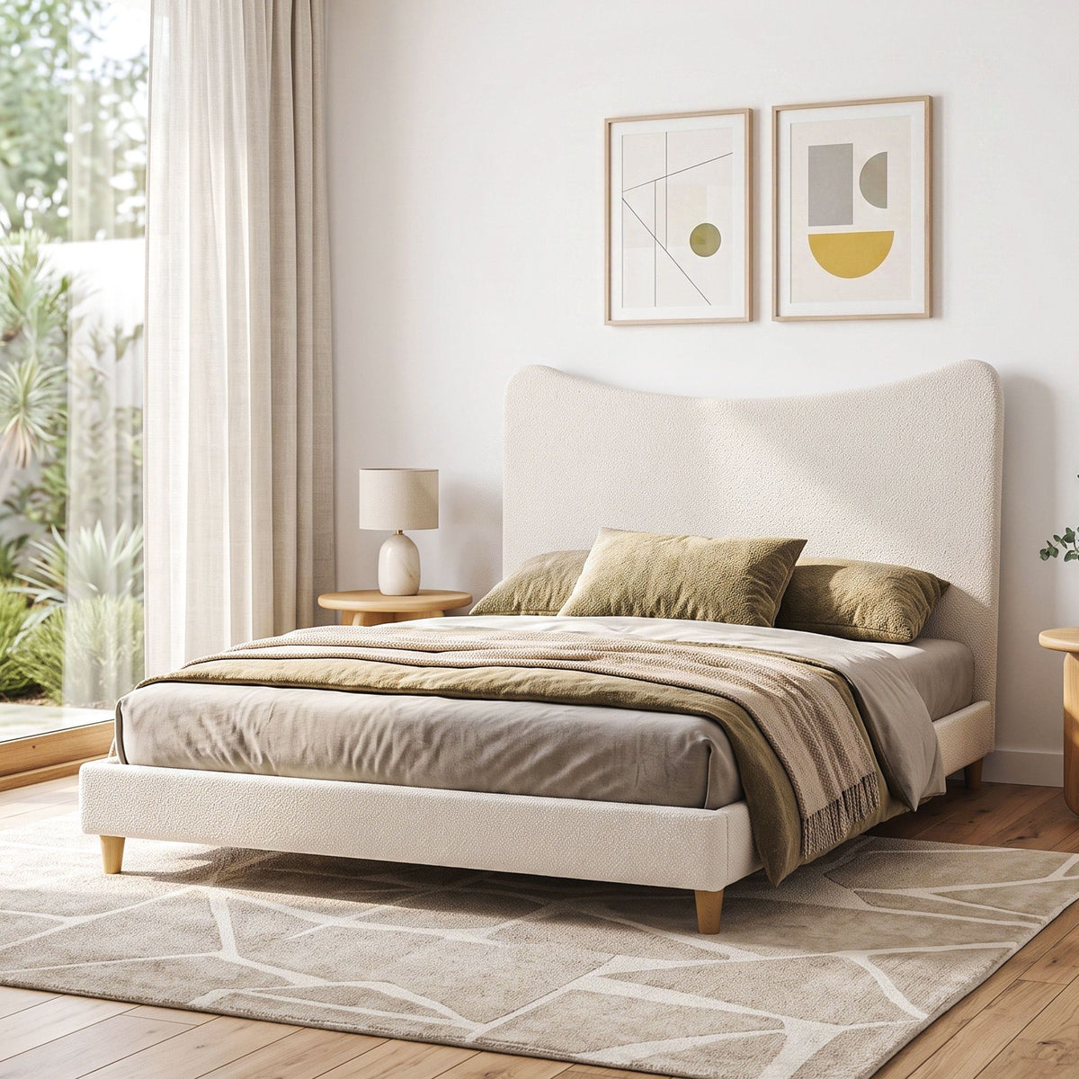 Queen Bed Frame with Curved Boucle Headboard, 300kg Capacity - Beige