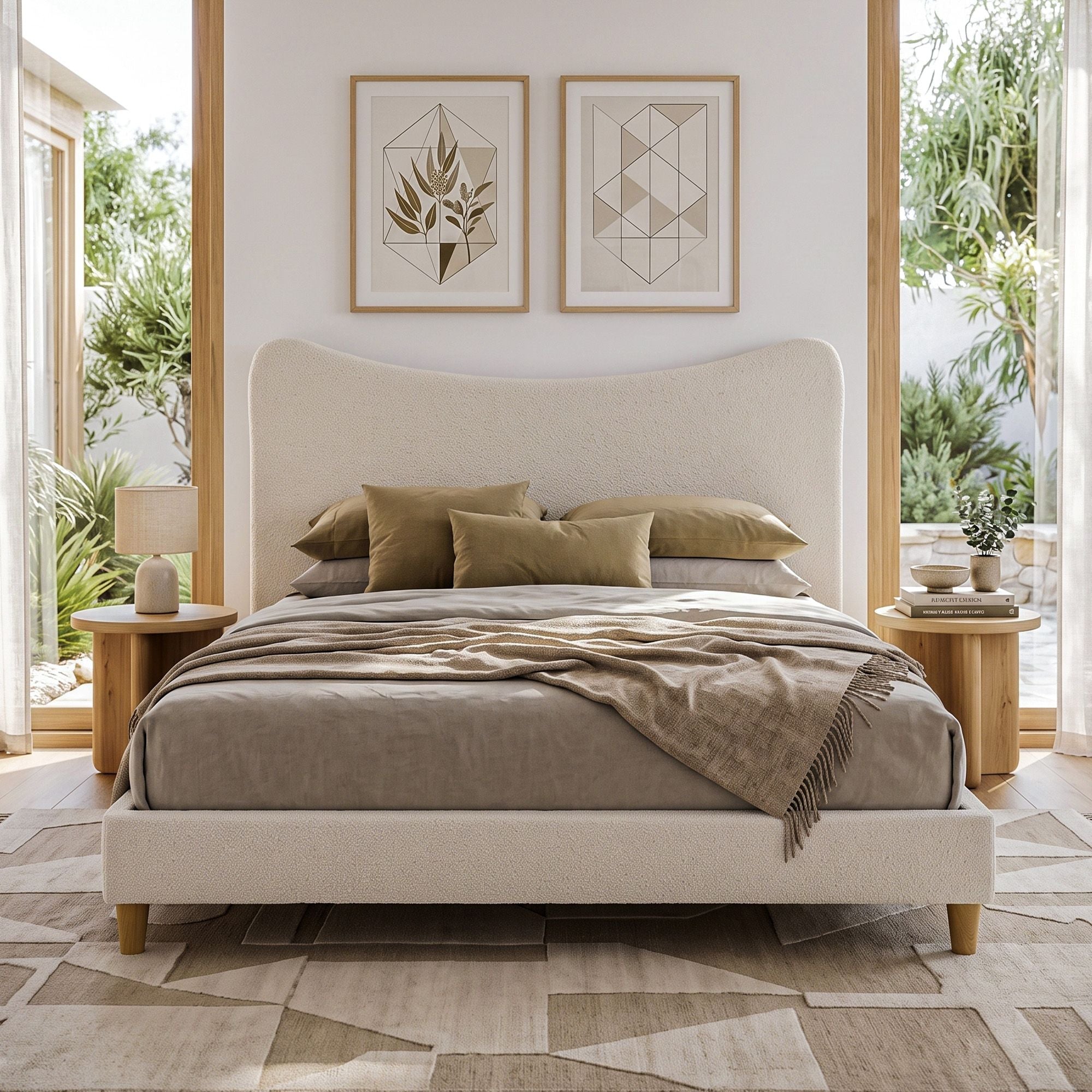Queen Bed Frame with Curved Boucle Headboard, 300kg Capacity - Beige