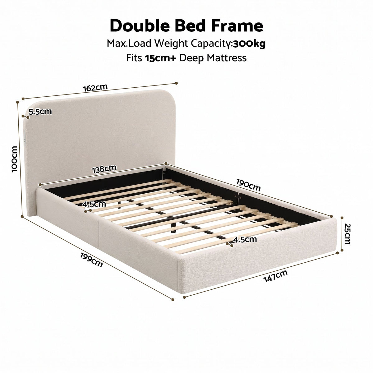 Double Bed Frame with 100cm Bouclé Headboard, USB-C Ports & Night Lights