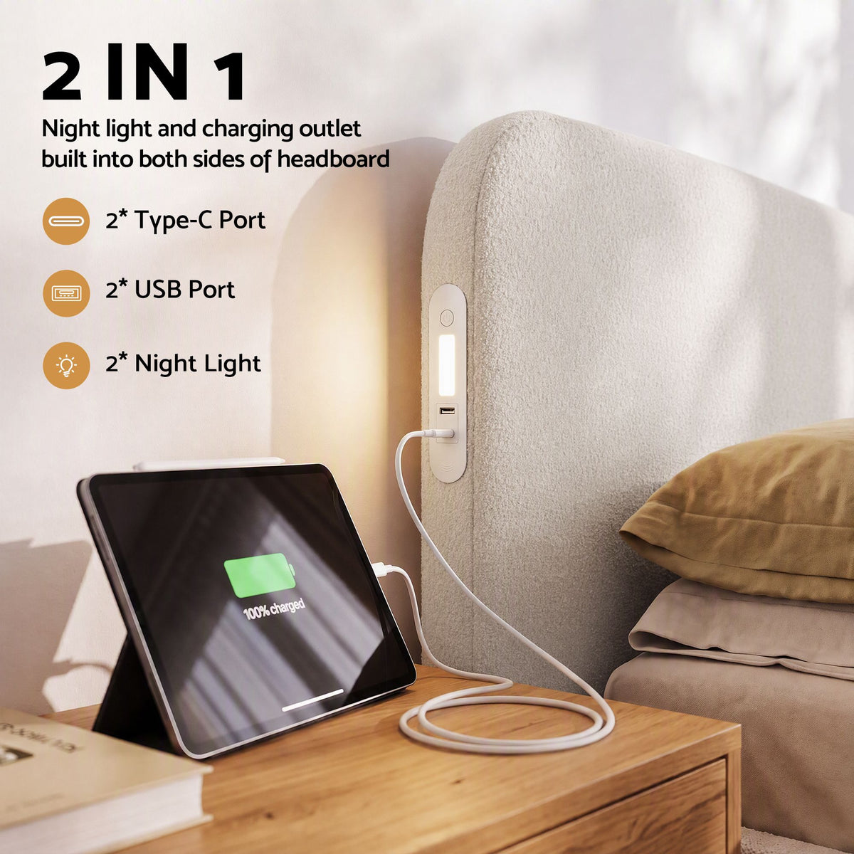 Double Bed Frame with 100cm Bouclé Headboard, USB-C Ports & Night Lights