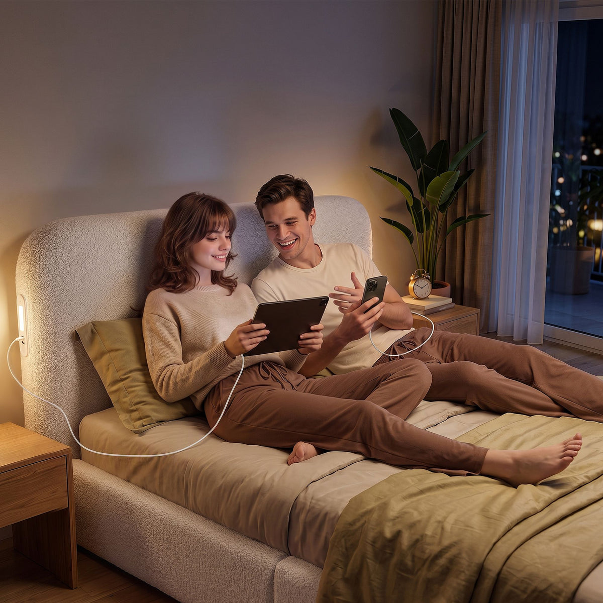 Double Bed Frame with 100cm Bouclé Headboard, USB-C Ports & Night Lights
