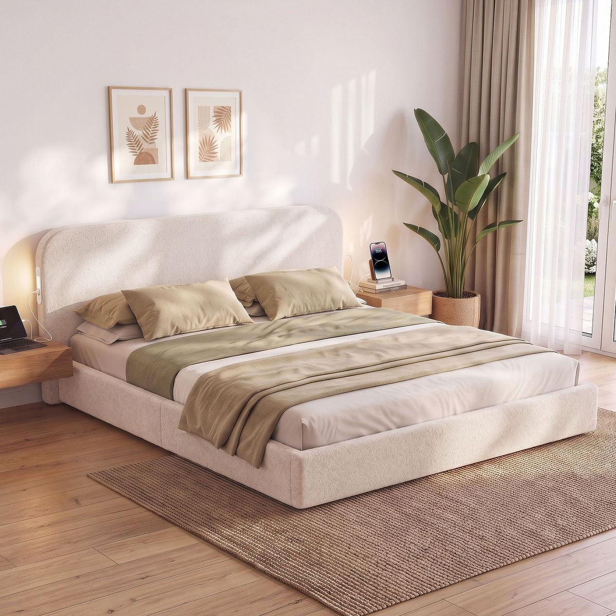 King Bed Frame with 100cm Bouclé Headboard, USB-C Ports & Night Lights