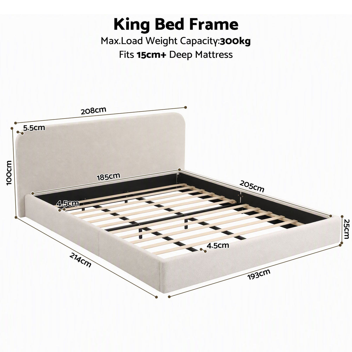 King Bed Frame with 100cm Bouclé Headboard, USB-C Ports & Night Lights
