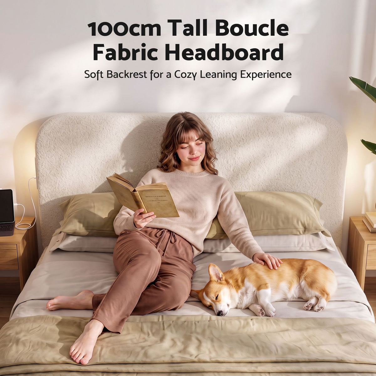 King Bed Frame with 100cm Bouclé Headboard, USB-C Ports & Night Lights